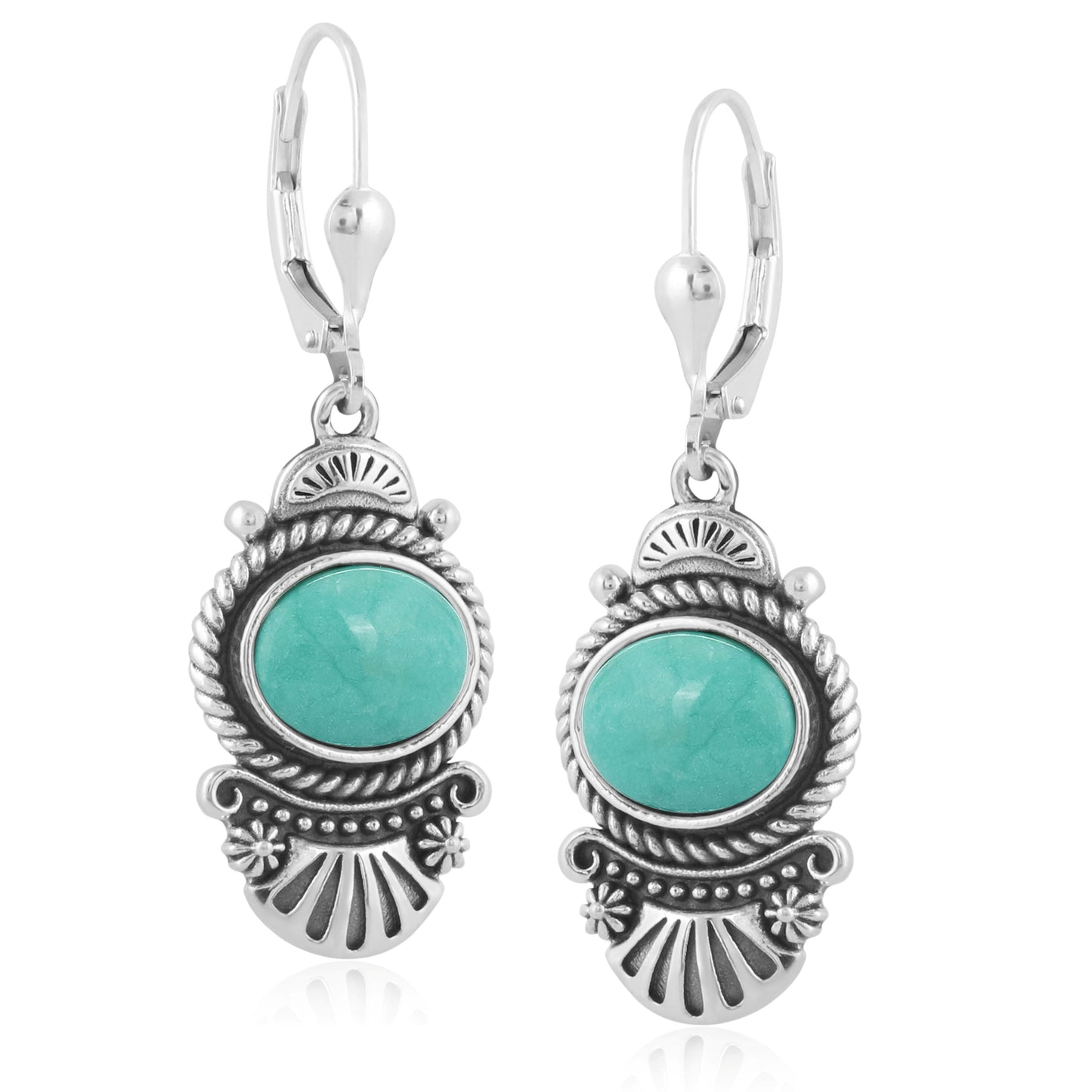 Sterling Silver Oval Green Turquoise Rope and Fan Design Dangle Earrings