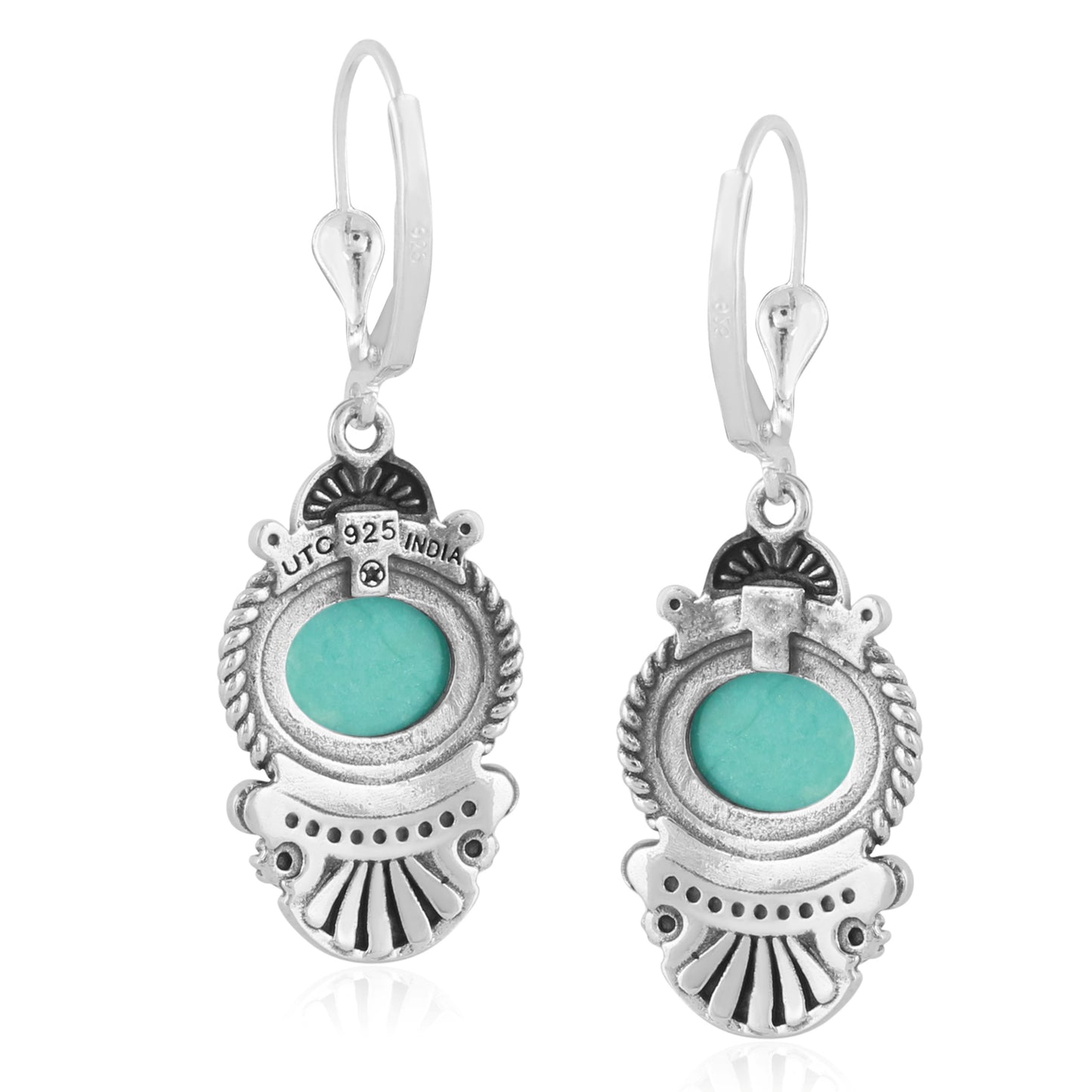 Sterling Silver Oval Green Turquoise Rope and Fan Design Dangle Earrings