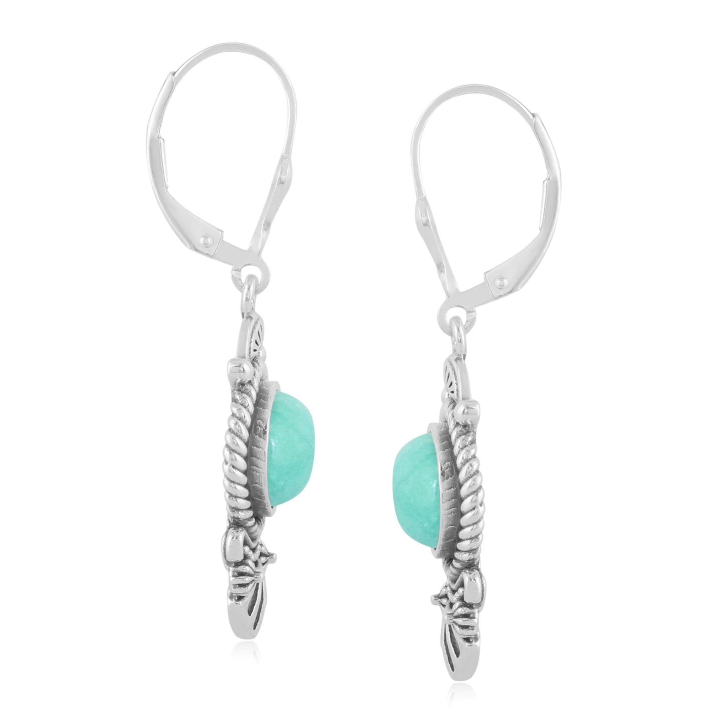 Sterling Silver Oval Green Turquoise Rope and Fan Design Dangle Earrings