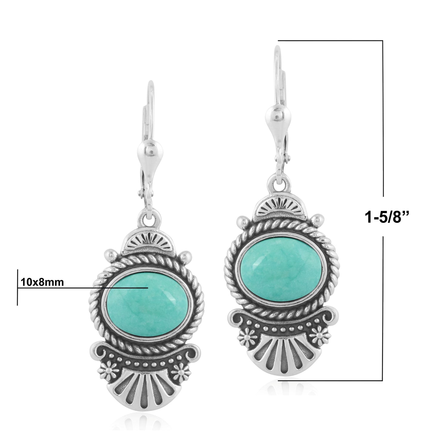 Sterling Silver Oval Green Turquoise Rope and Fan Design Dangle Earrings