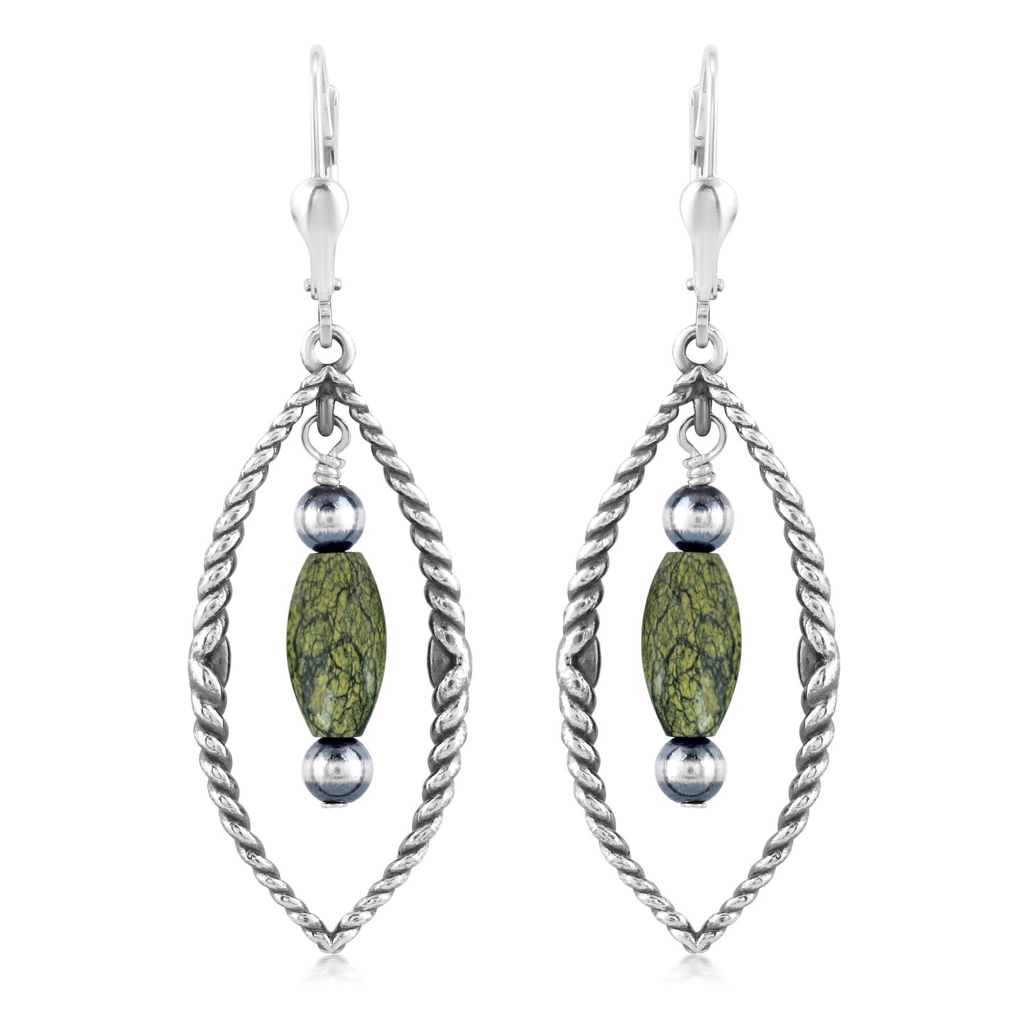 Sterling Silver Marquise Shape Green Serpentine Dangle Earrings