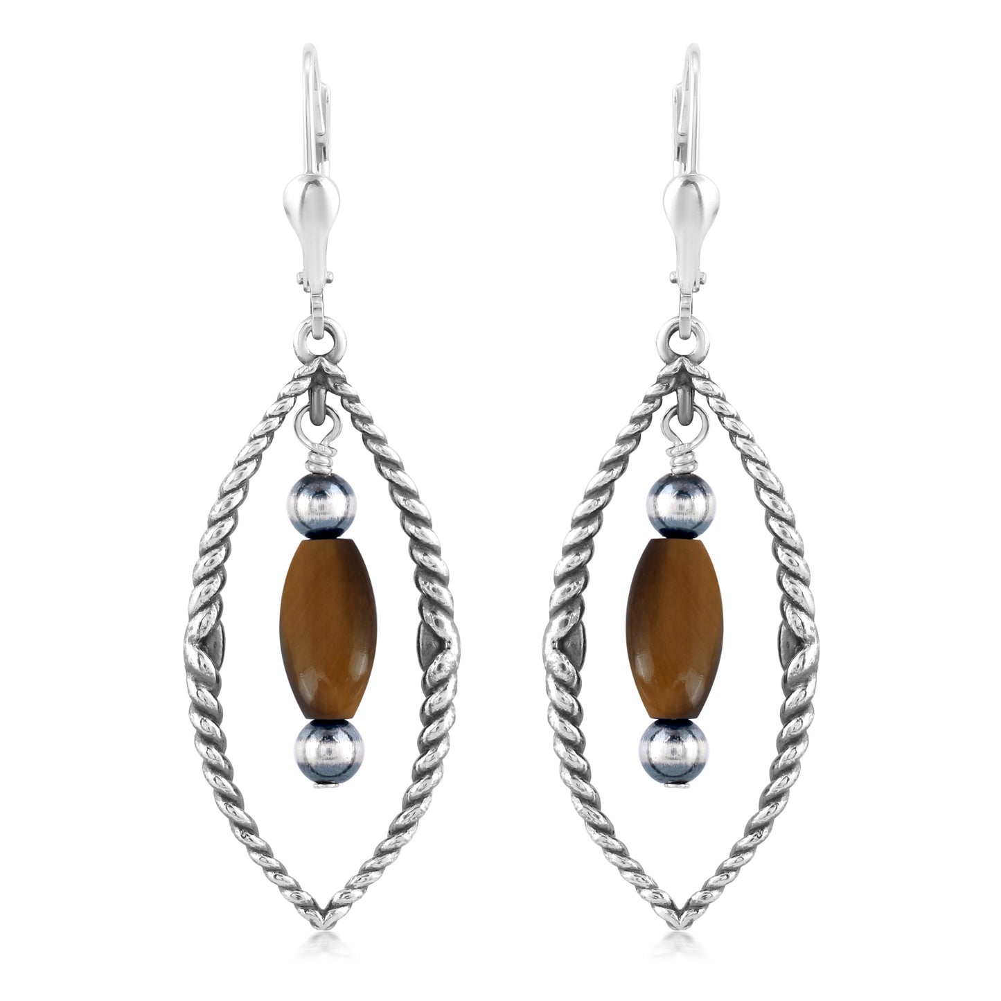 Sterling Silver Marquise Shape Tiger's Eye Dangle Earrings
