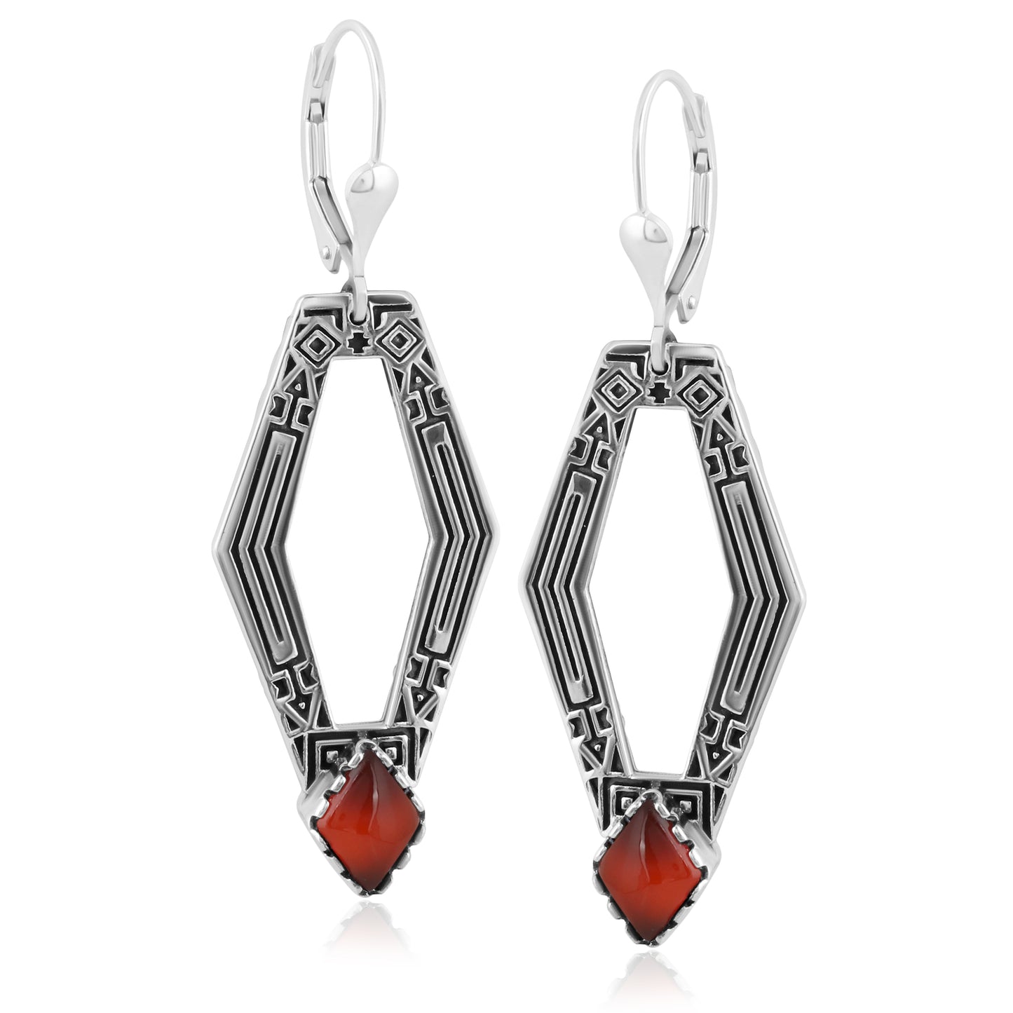 Sterling Silver Geometric Shape Red Agate Gemstone Lever Back Earrings
