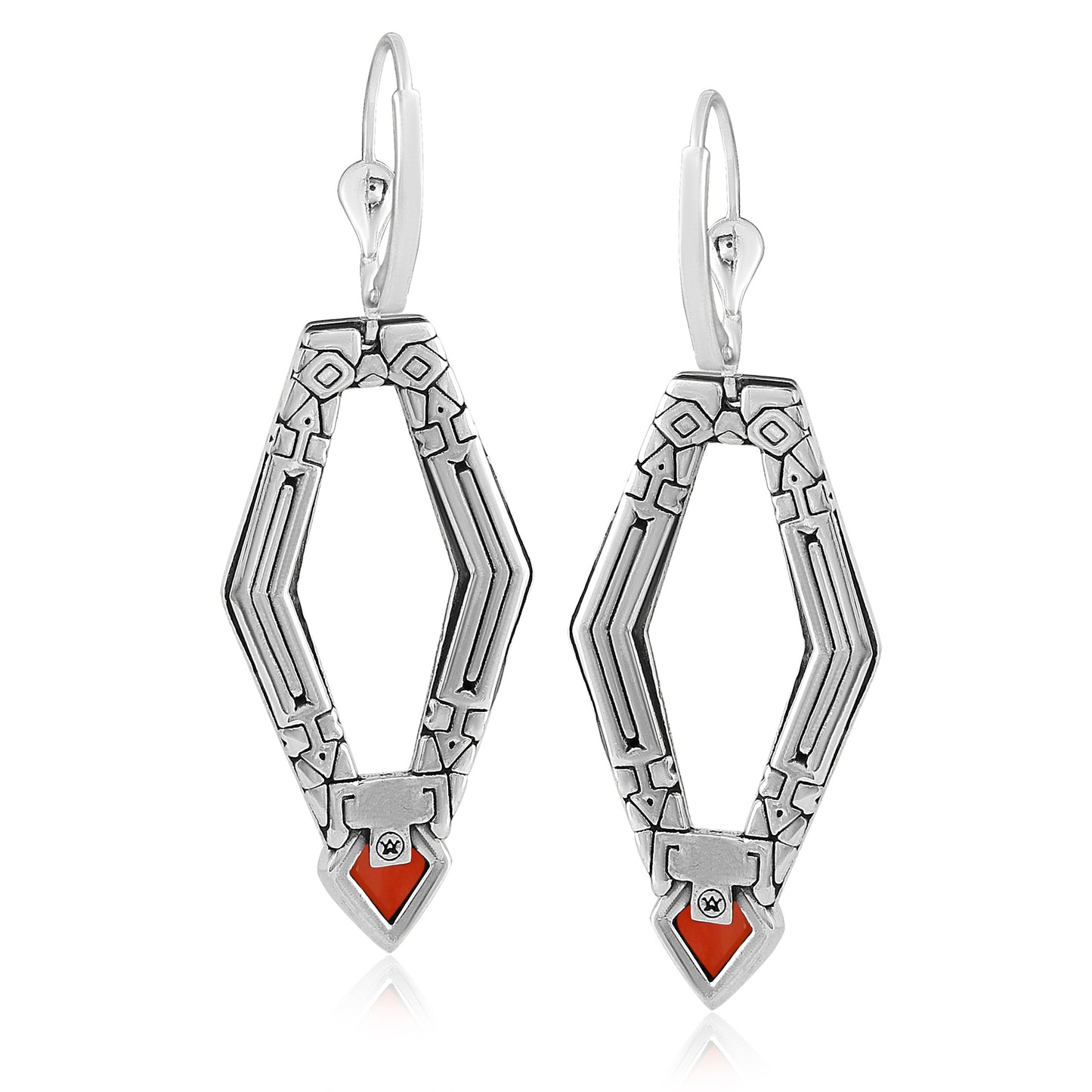 Sterling Silver Geometric Shape Red Agate Gemstone Lever Back Earrings