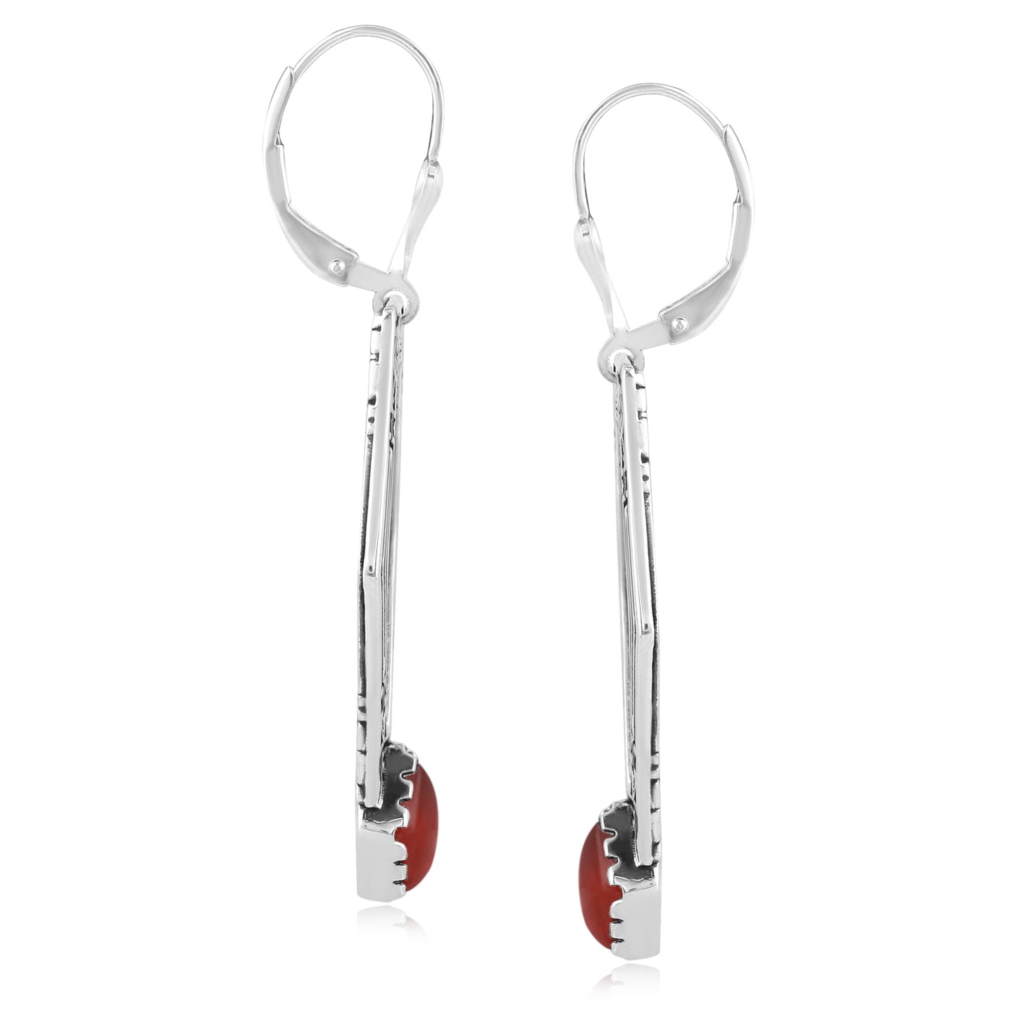 Sterling Silver Geometric Shape Red Agate Gemstone Lever Back Earrings