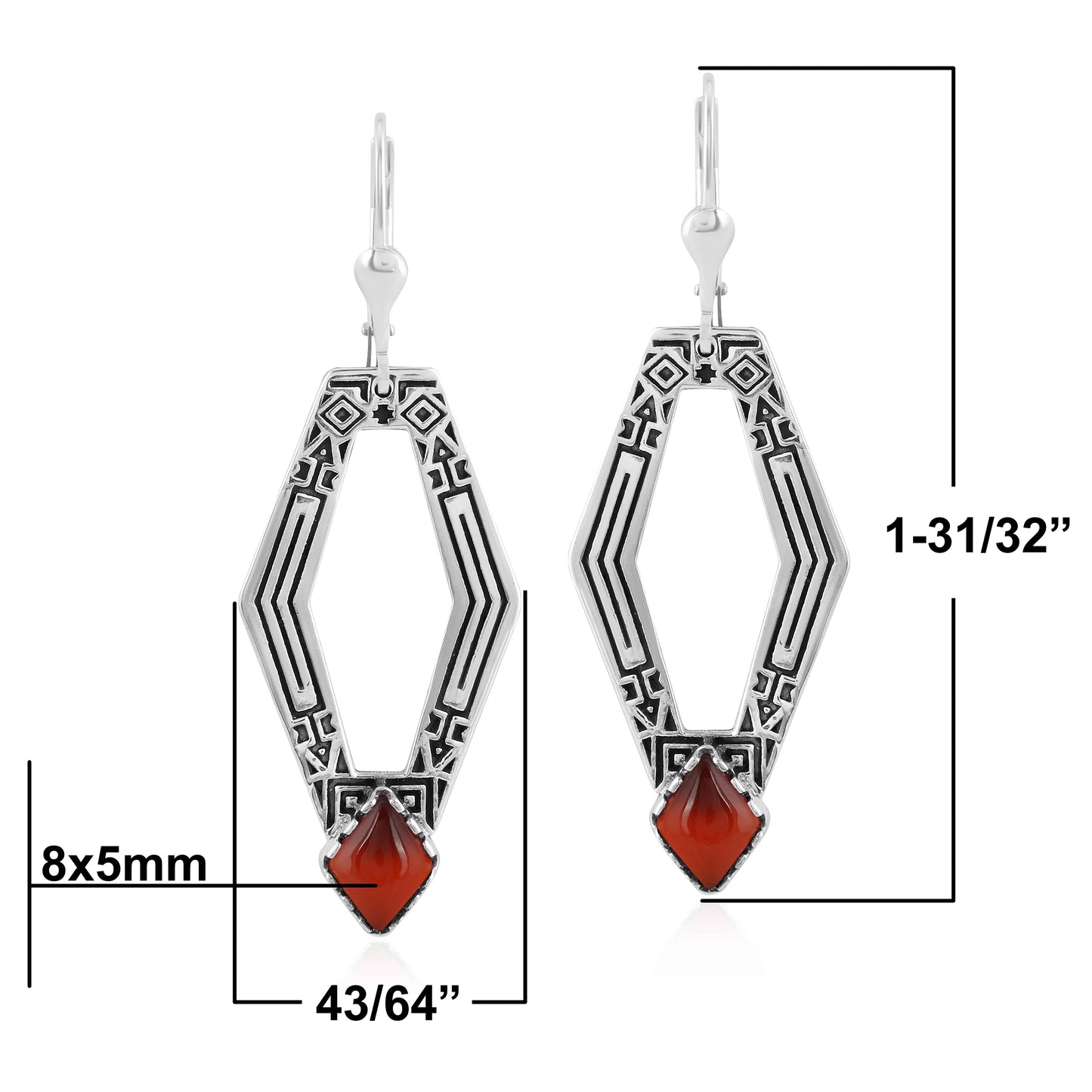 Sterling Silver Geometric Shape Red Agate Gemstone Lever Back Earrings