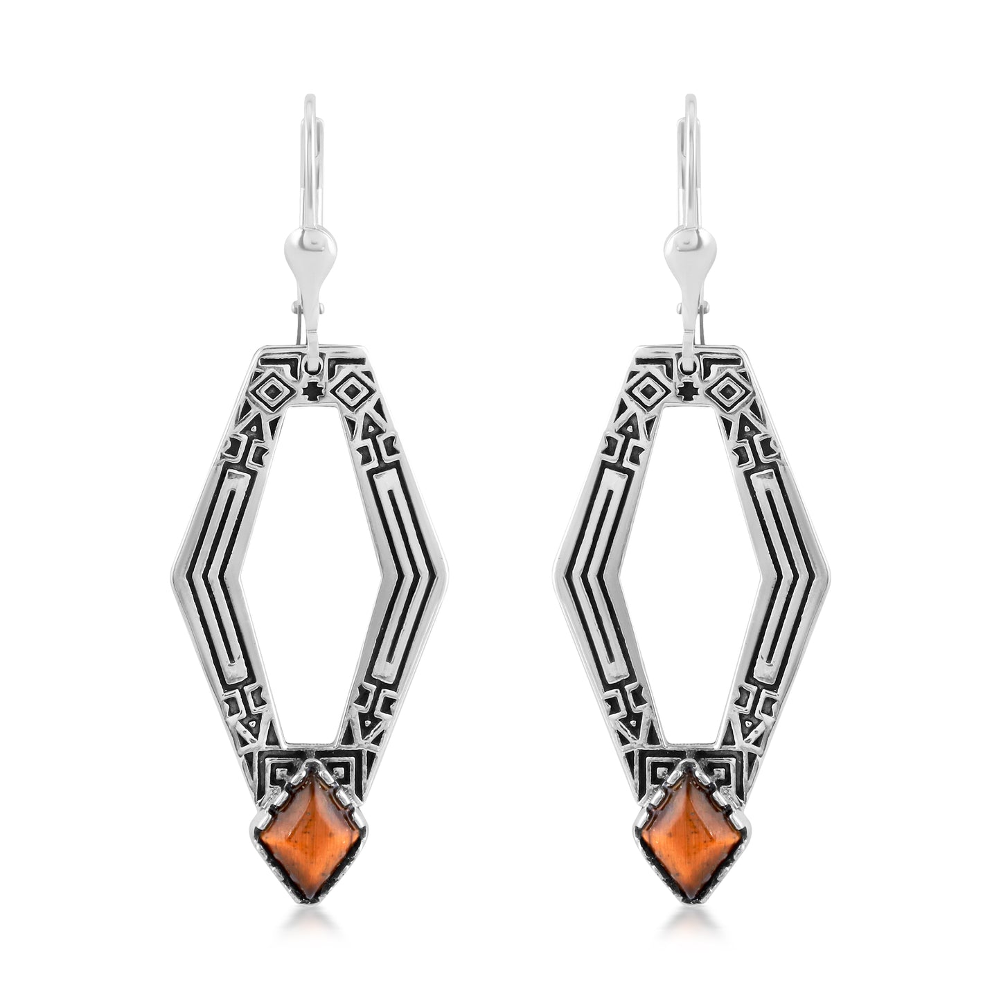Sterling Silver Geometric Shape Tiger's Eye Gemstone Lever Back Earrings