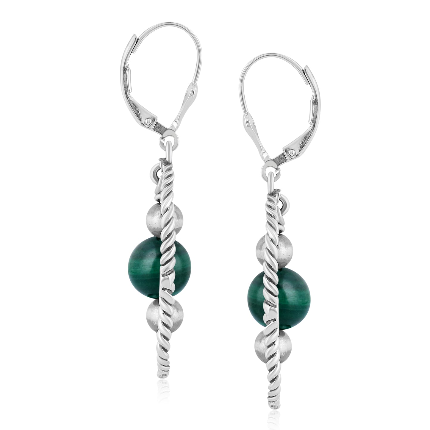 Southwestern Sterling Silver Rope and Malachite Bead Drop Earrings