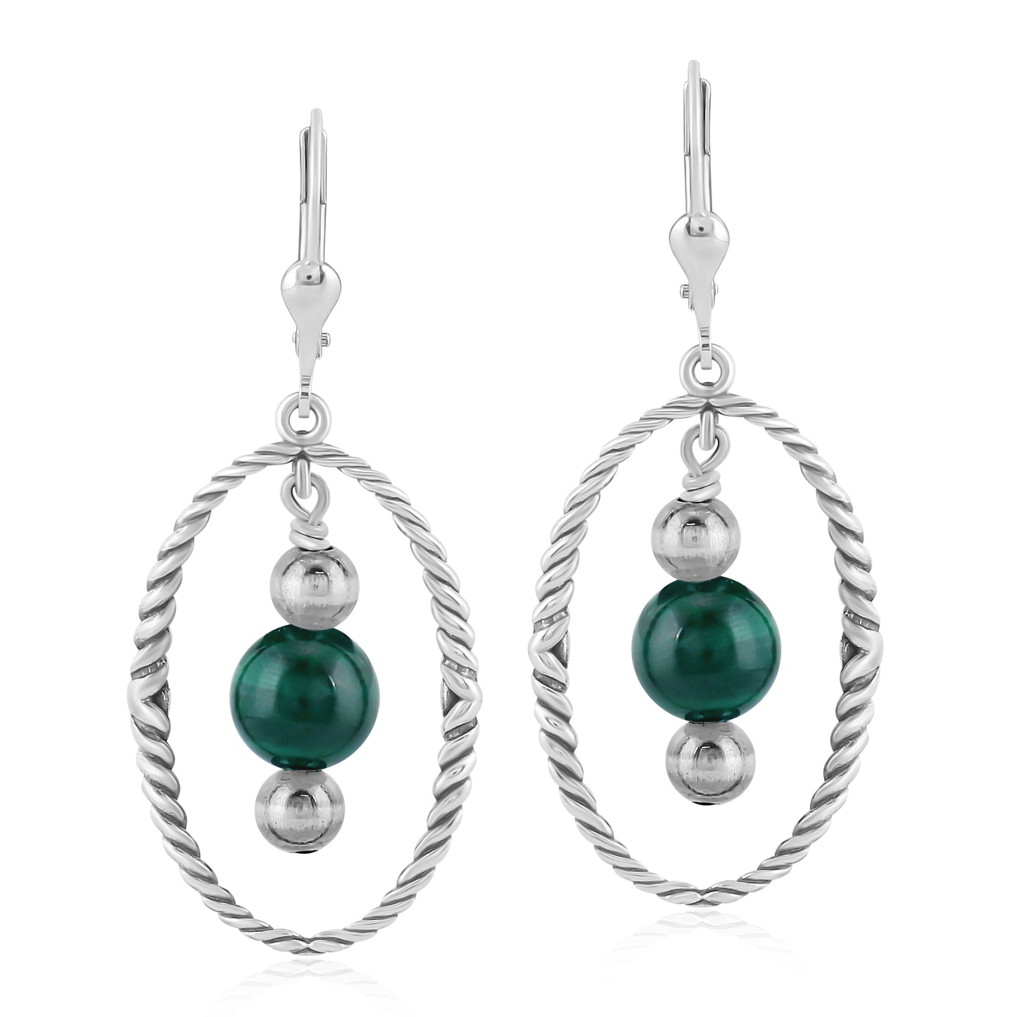 Southwestern Sterling Silver Rope and Malachite Bead Drop Earrings