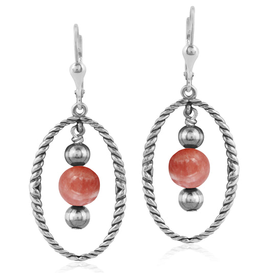 Southwestern Sterling Silver Rope and Rhodochrosite Bead Drop Earrings