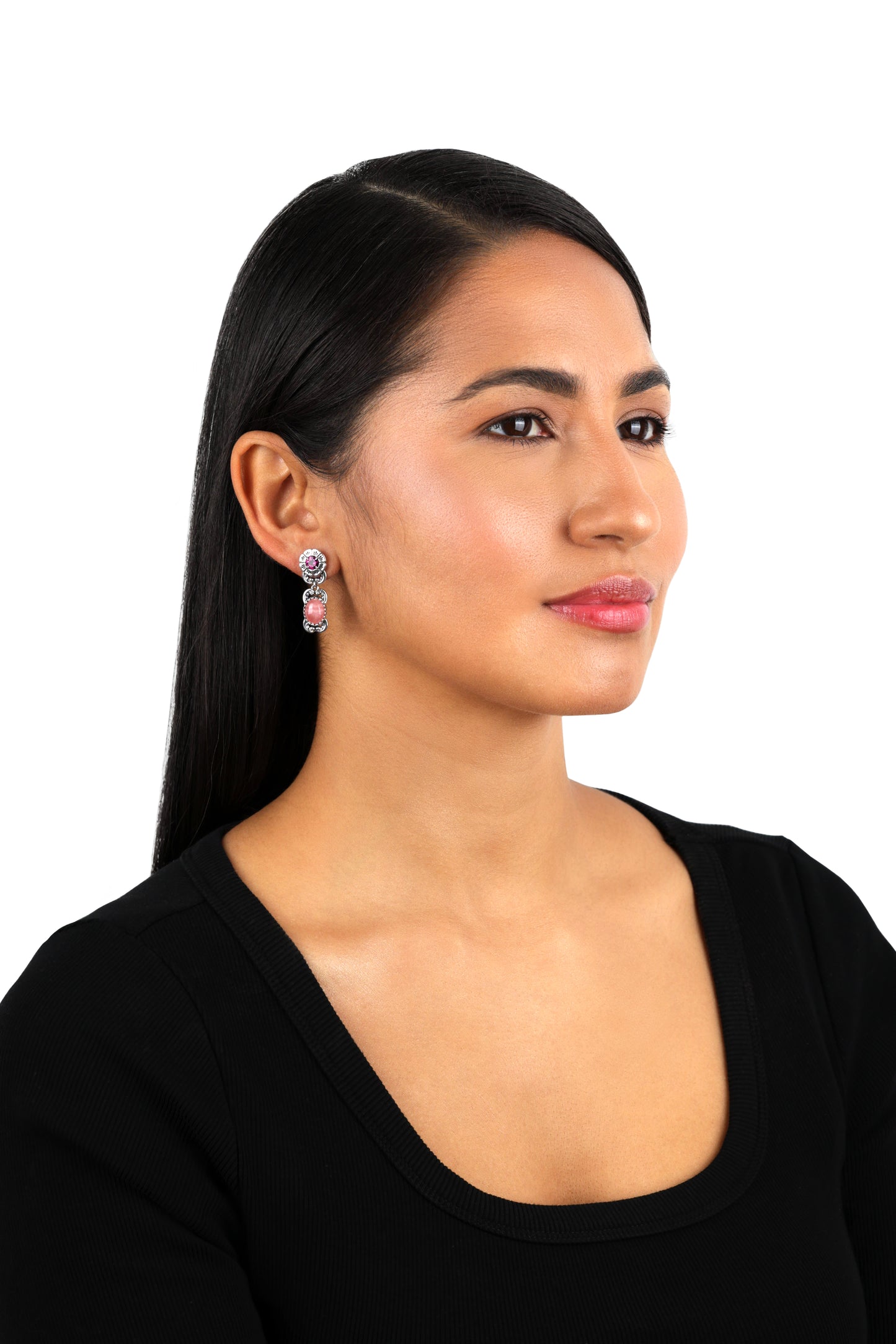 Sterling Silver Rhodochrosite and Red Garnet Desert Bloom Dangle Earrings