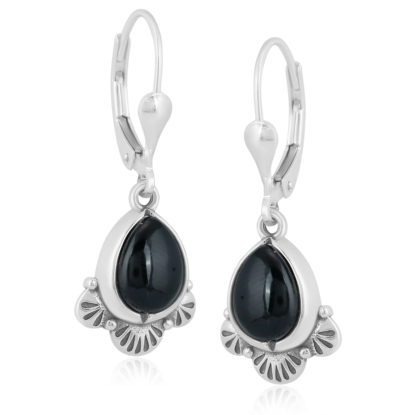 Sterling Silver Pear Shape Black Onyx Gemstone Fan Lever Back Earrings