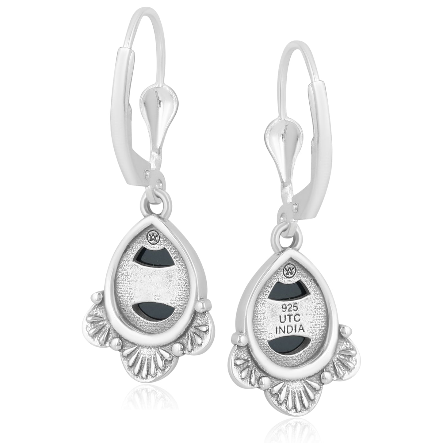 Sterling Silver Pear Shape Black Onyx Gemstone Fan Lever Back Earrings