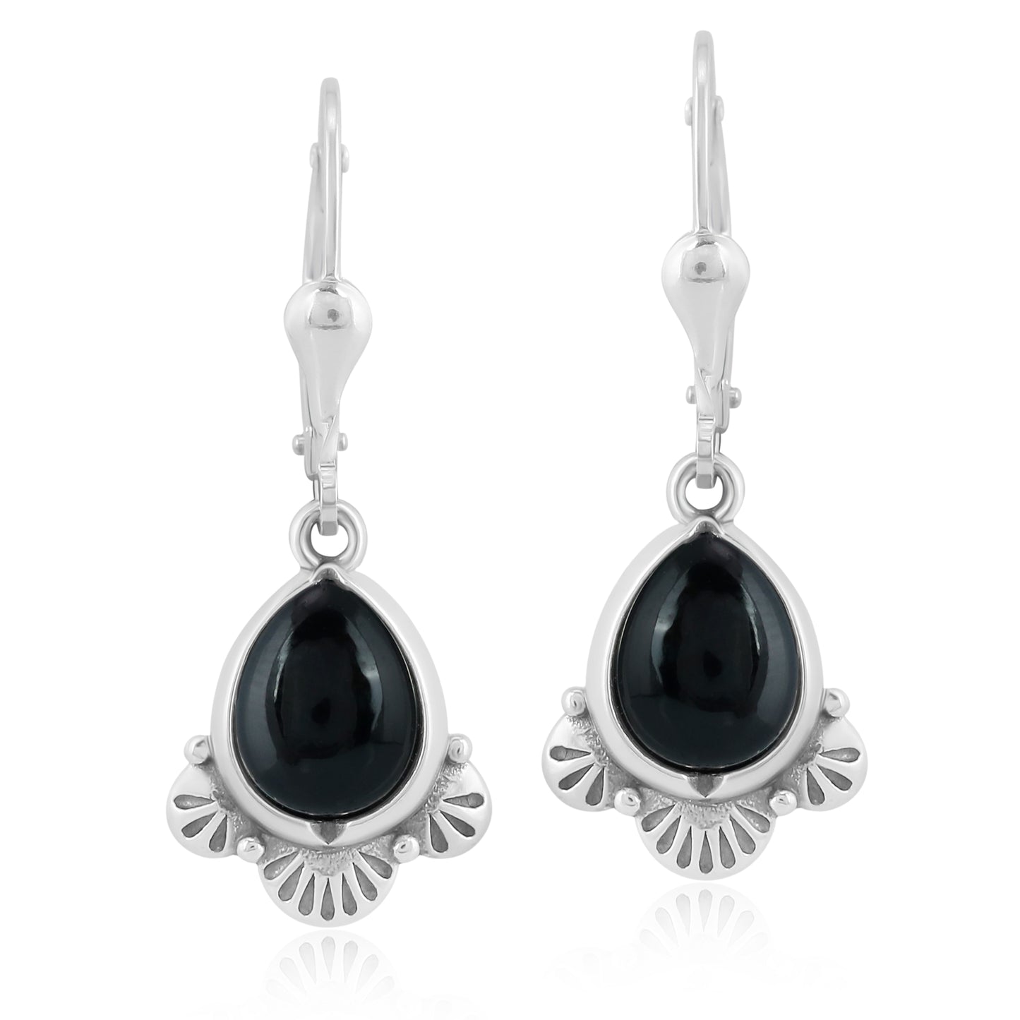 Sterling Silver Pear Shape Black Onyx Gemstone Fan Lever Back Earrings