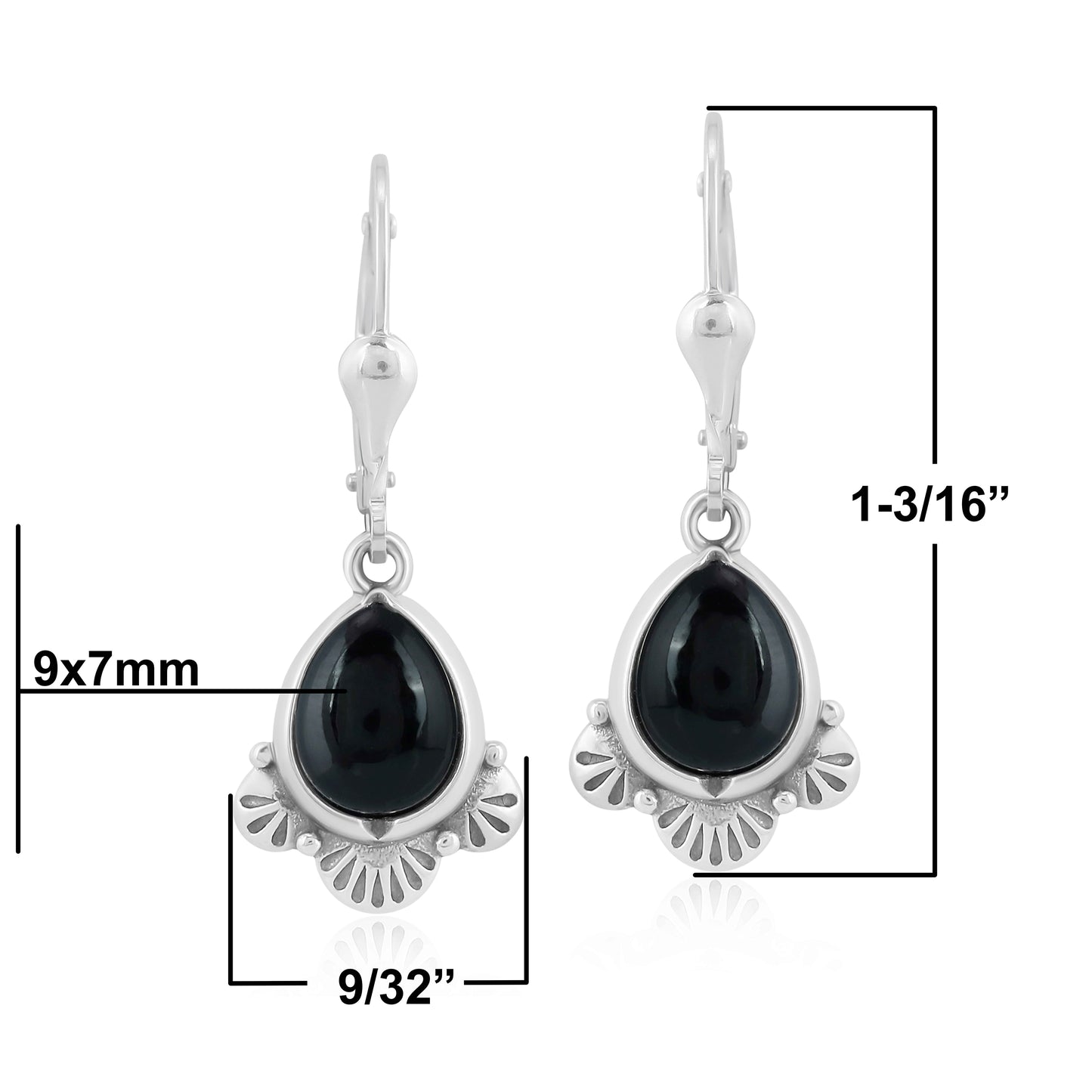 Sterling Silver Pear Shape Black Onyx Gemstone Fan Lever Back Earrings