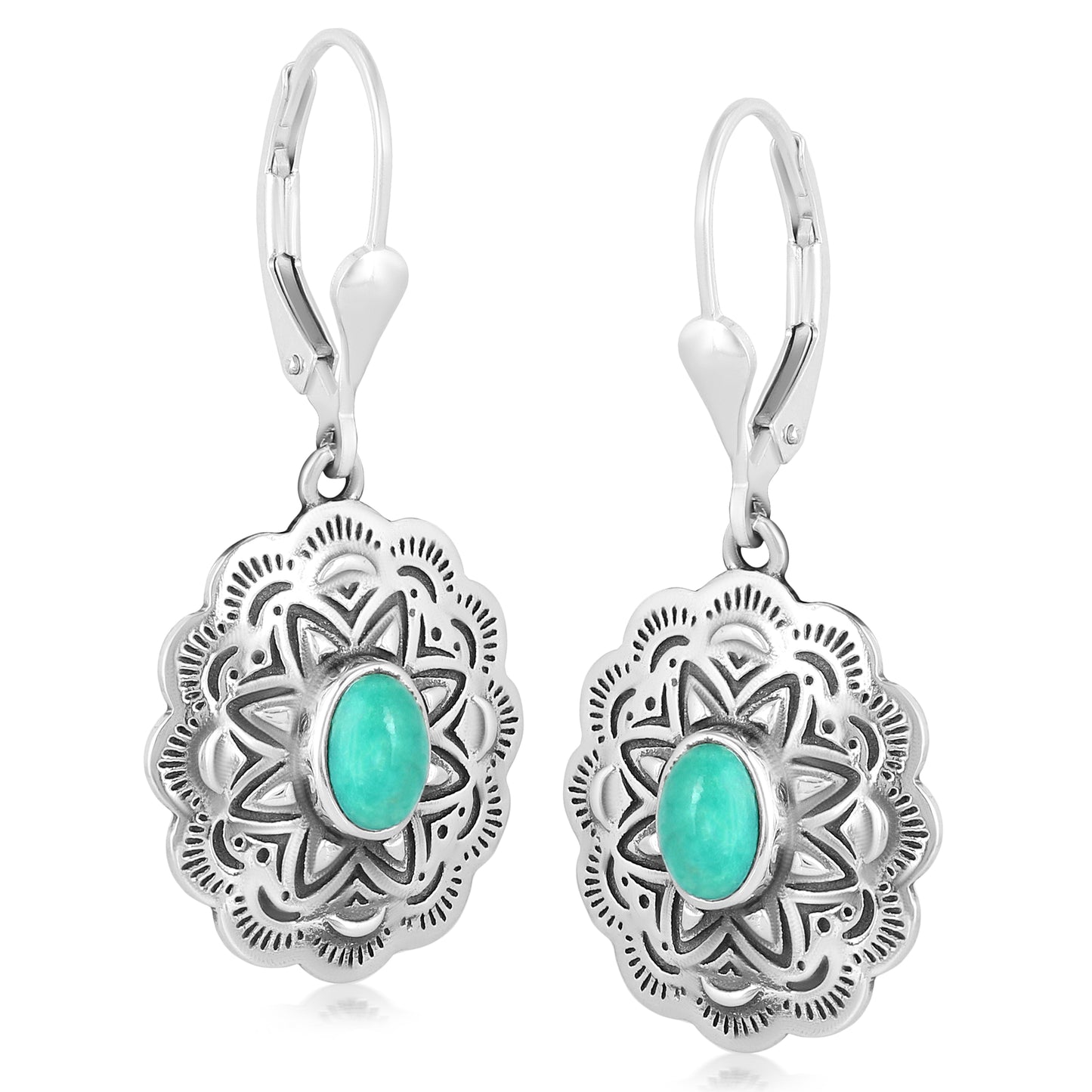 Sterling Silver Green Turquoise Gemstone Concha Lever Back Earrings