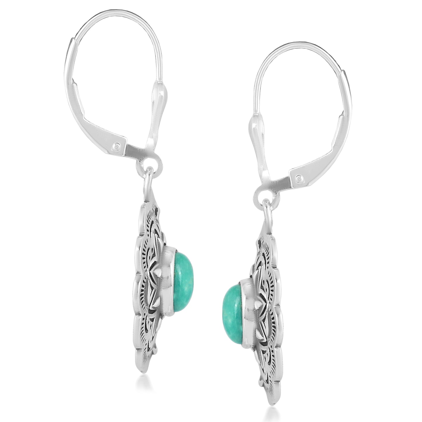 Sterling Silver Green Turquoise Gemstone Concha Lever Back Earrings