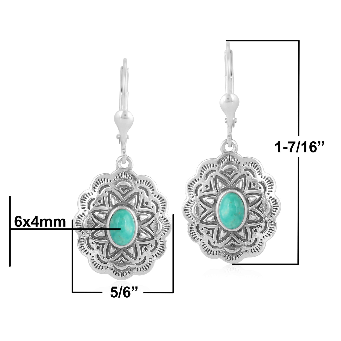 Sterling Silver Green Turquoise Gemstone Concha Lever Back Earrings