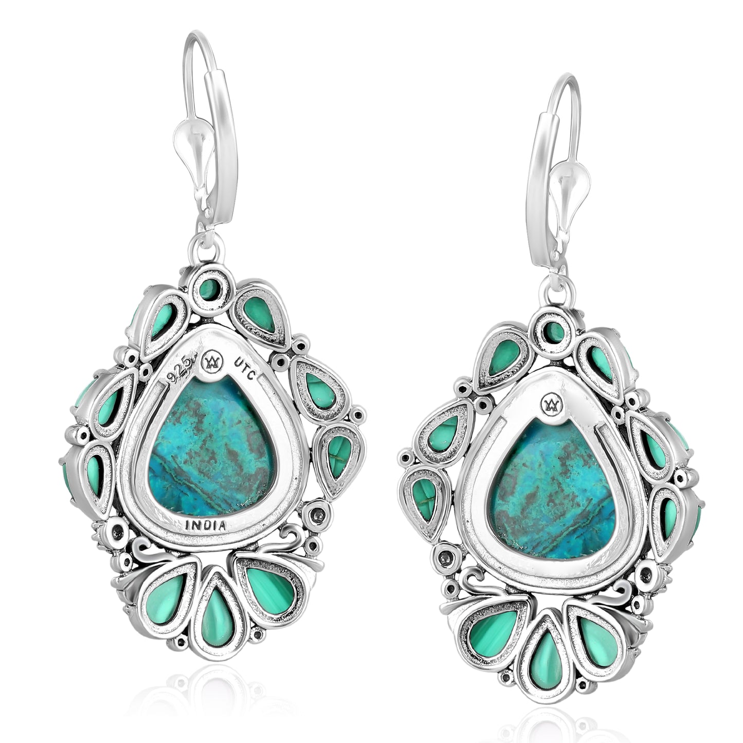 Sterling Silver Chrysocolla and Malachite Trillion Cut Dangle Earrings