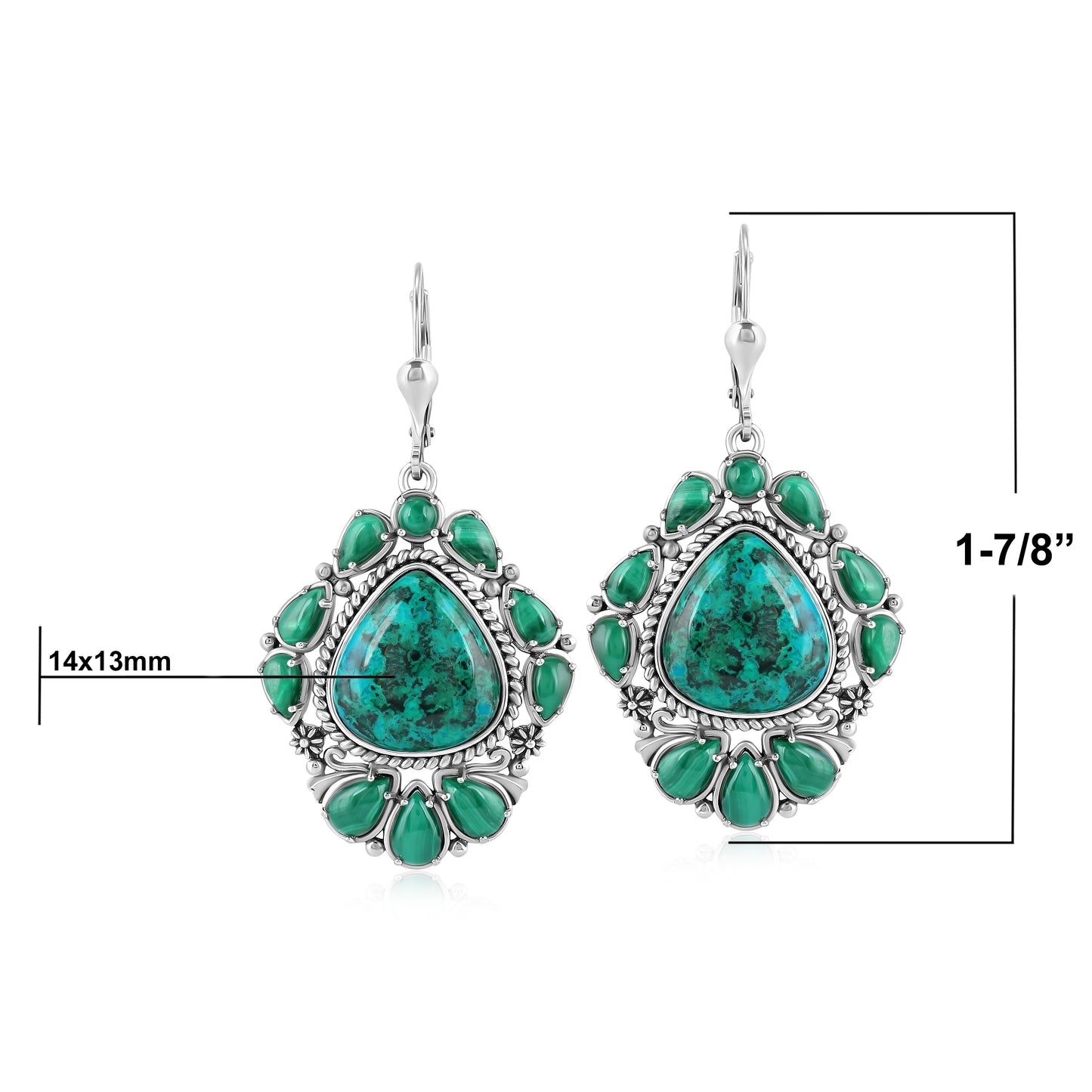 Sterling Silver Chrysocolla and Malachite Trillion Cut Dangle Earrings