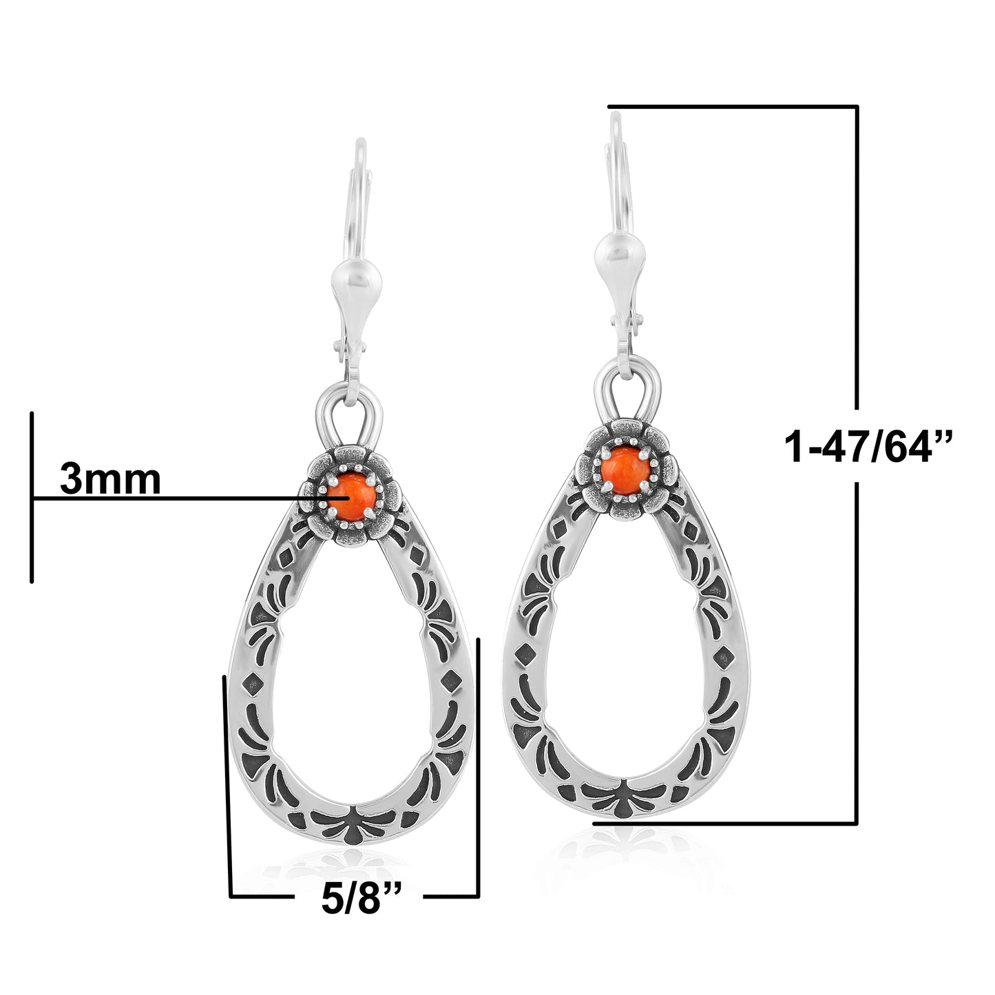 Sterling Silver Orange Spiny Oyster Gemstone Pear Shaped Lever Back Earrings