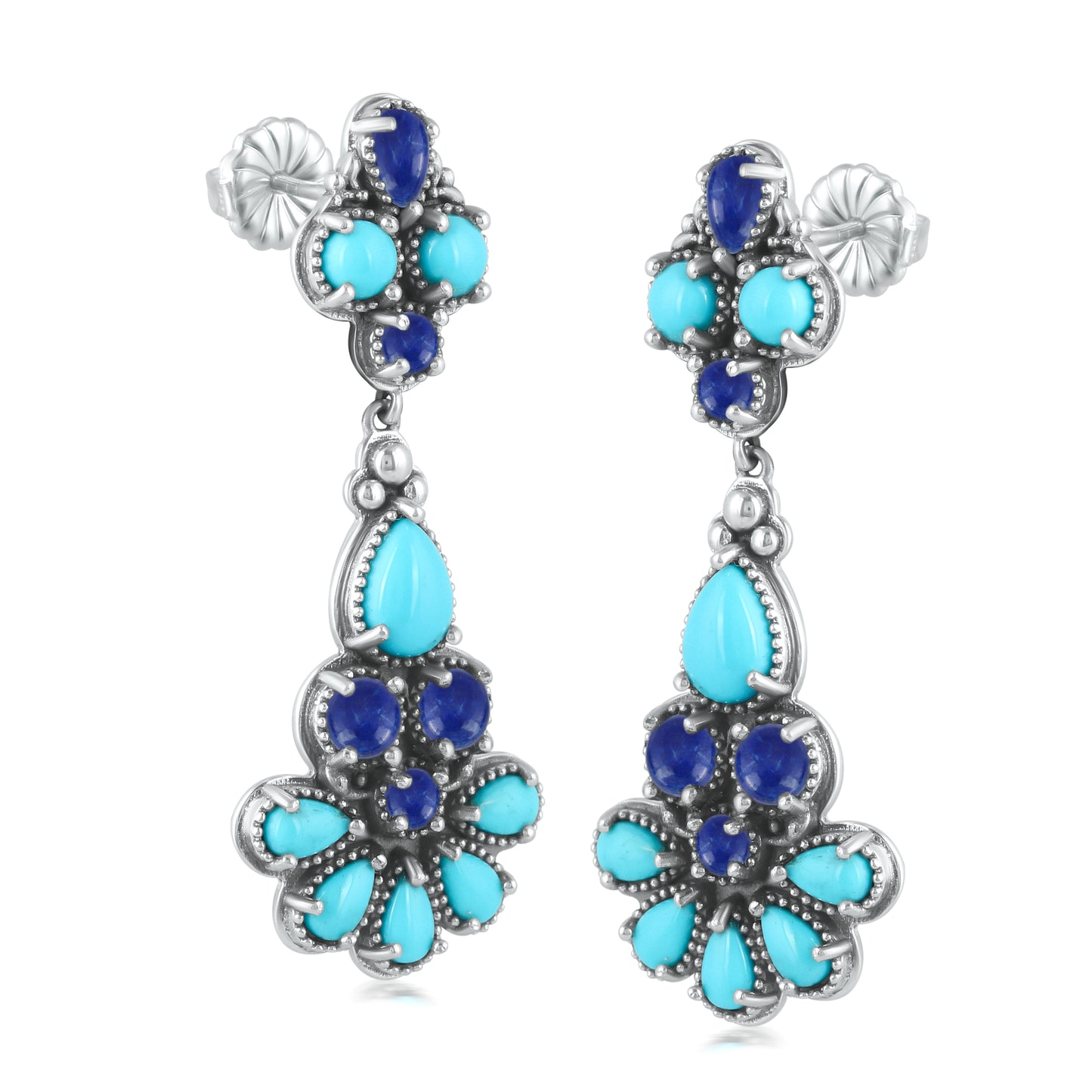 Sterling Silver Kingman Turquoise and Lapis Chandelier Earrings