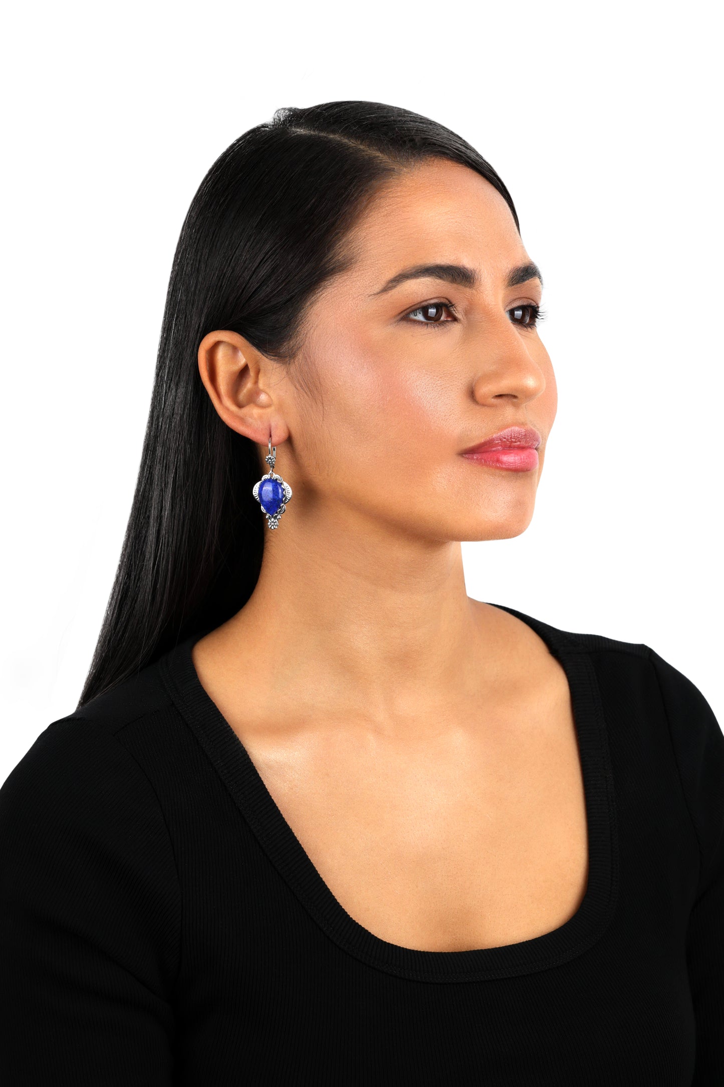 Sterling Silver Lapis Pear-Cut Concha Earrings