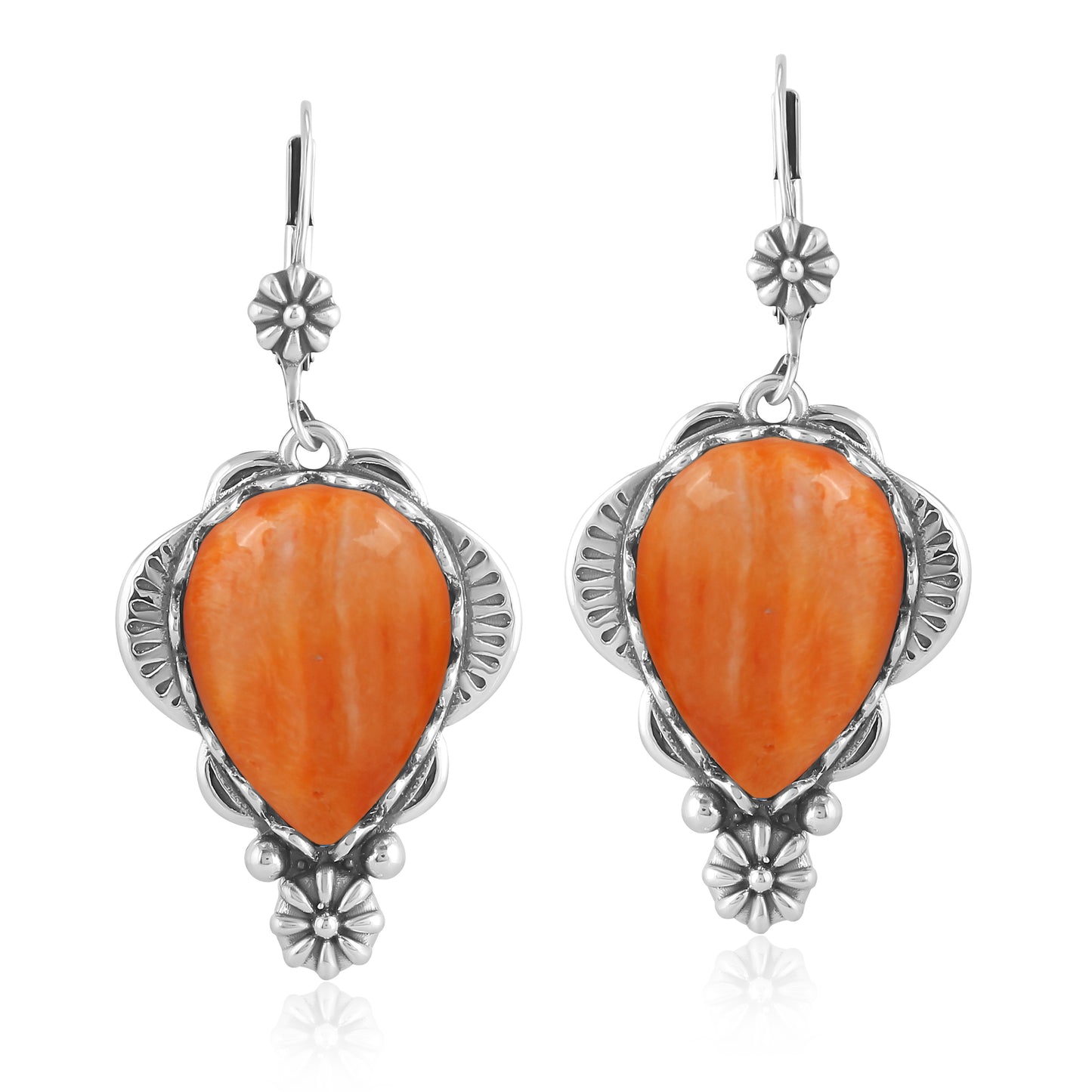 Sterling Silver Orange Spiny Oyster Pear-Cut Concha Earrings