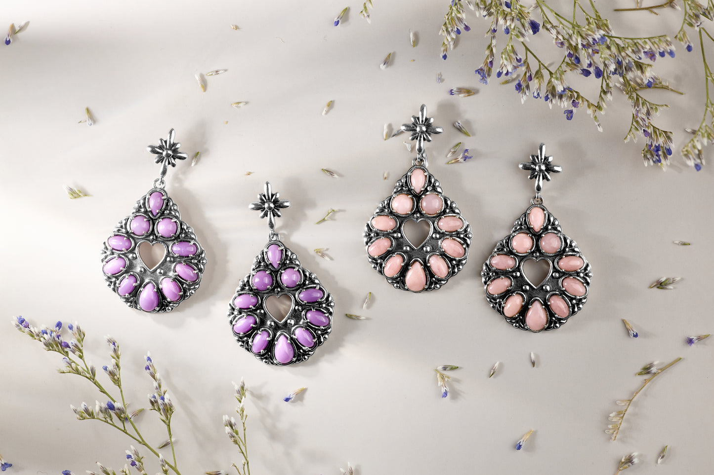 Sterling Silver Pink Opal Heart Center Teardrop Dangle Earrings