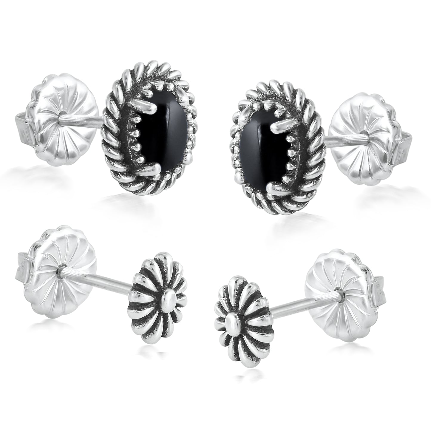 EXCLUSIVELY OURS! Sterling Silver Black Agate Oval Rope and Concha Flower Stud Earring Set