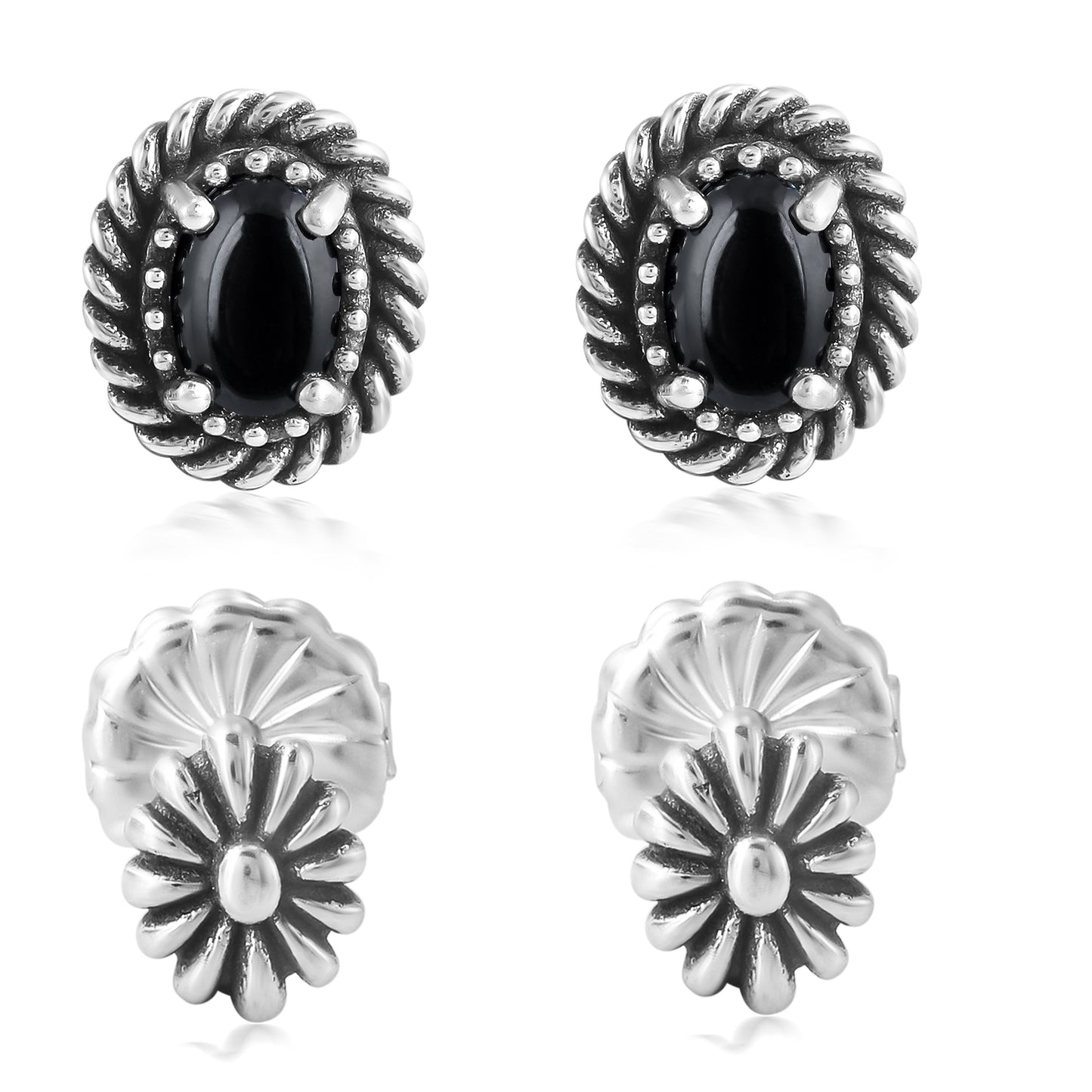 EXCLUSIVELY OURS! Sterling Silver Black Agate Oval Rope and Concha Flower Stud Earring Set