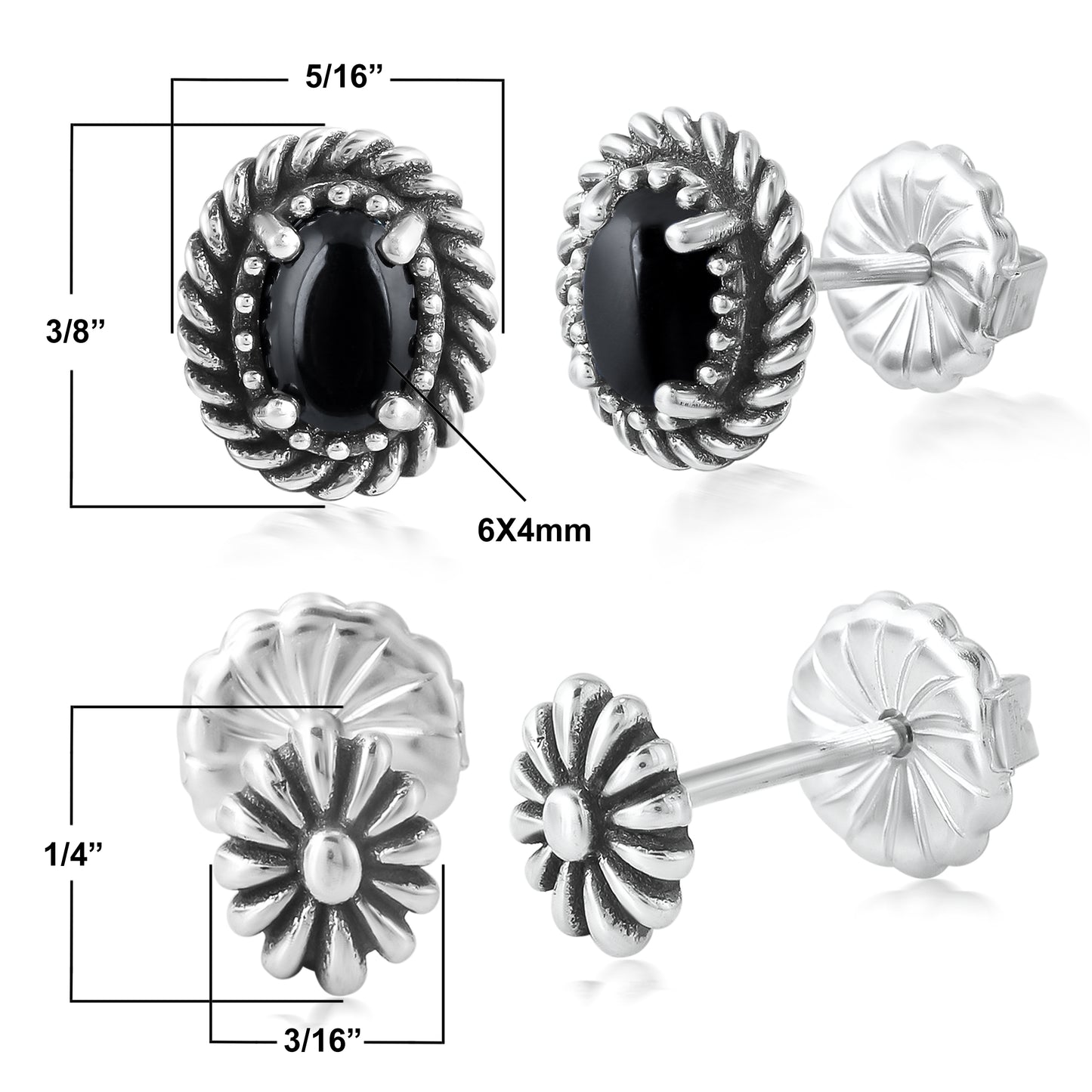 EXCLUSIVELY OURS! Sterling Silver Black Agate Oval Rope and Concha Flower Stud Earring Set