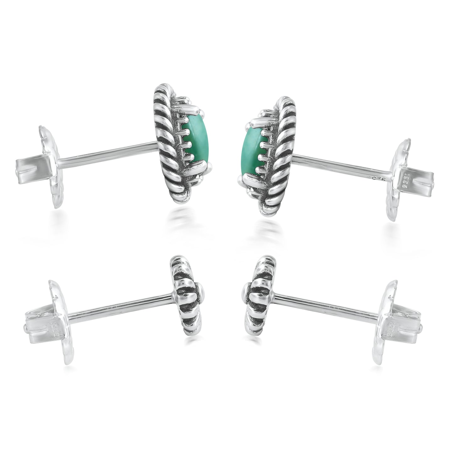 EXCLUSIVELY OURS! Sterling Silver Green Turquoise Oval Rope and Concha Flower Stud Earring Set