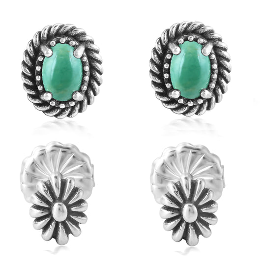 EXCLUSIVELY OURS! Sterling Silver Green Turquoise Oval Rope and Concha Flower Stud Earring Set