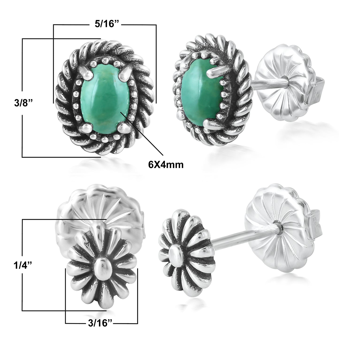 EXCLUSIVELY OURS! Sterling Silver Green Turquoise Oval Rope and Concha Flower Stud Earring Set