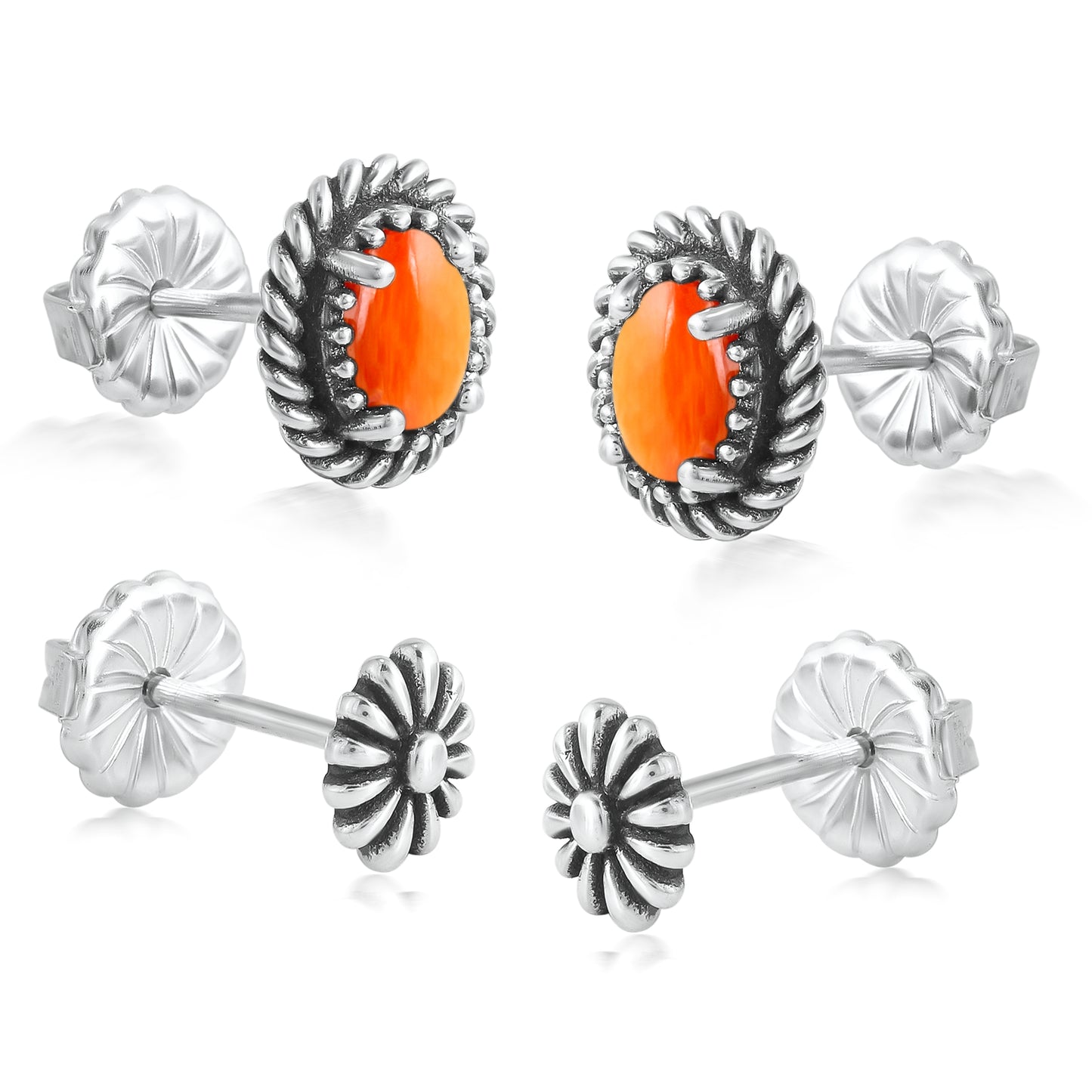 EXCLUSIVELY OURS! Sterling Silver Orange Spiny Oyster Oval Rope and Concha Flower Stud Earring Set