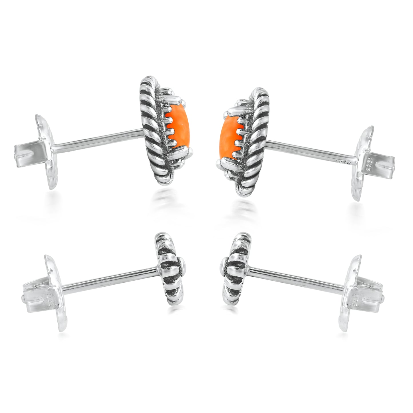 EXCLUSIVELY OURS! Sterling Silver Orange Spiny Oyster Oval Rope and Concha Flower Stud Earring Set
