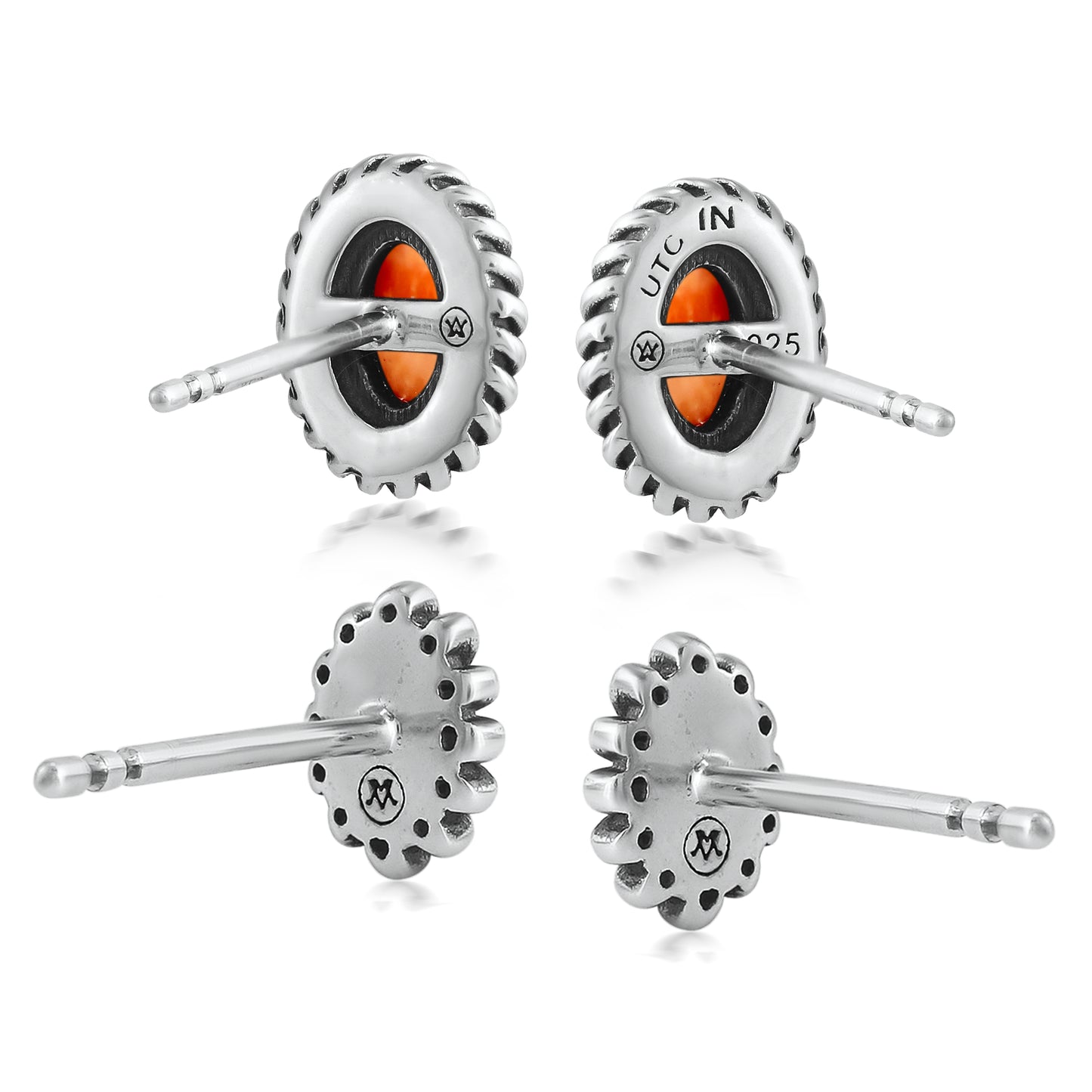 EXCLUSIVELY OURS! Sterling Silver Orange Spiny Oyster Oval Rope and Concha Flower Stud Earring Set
