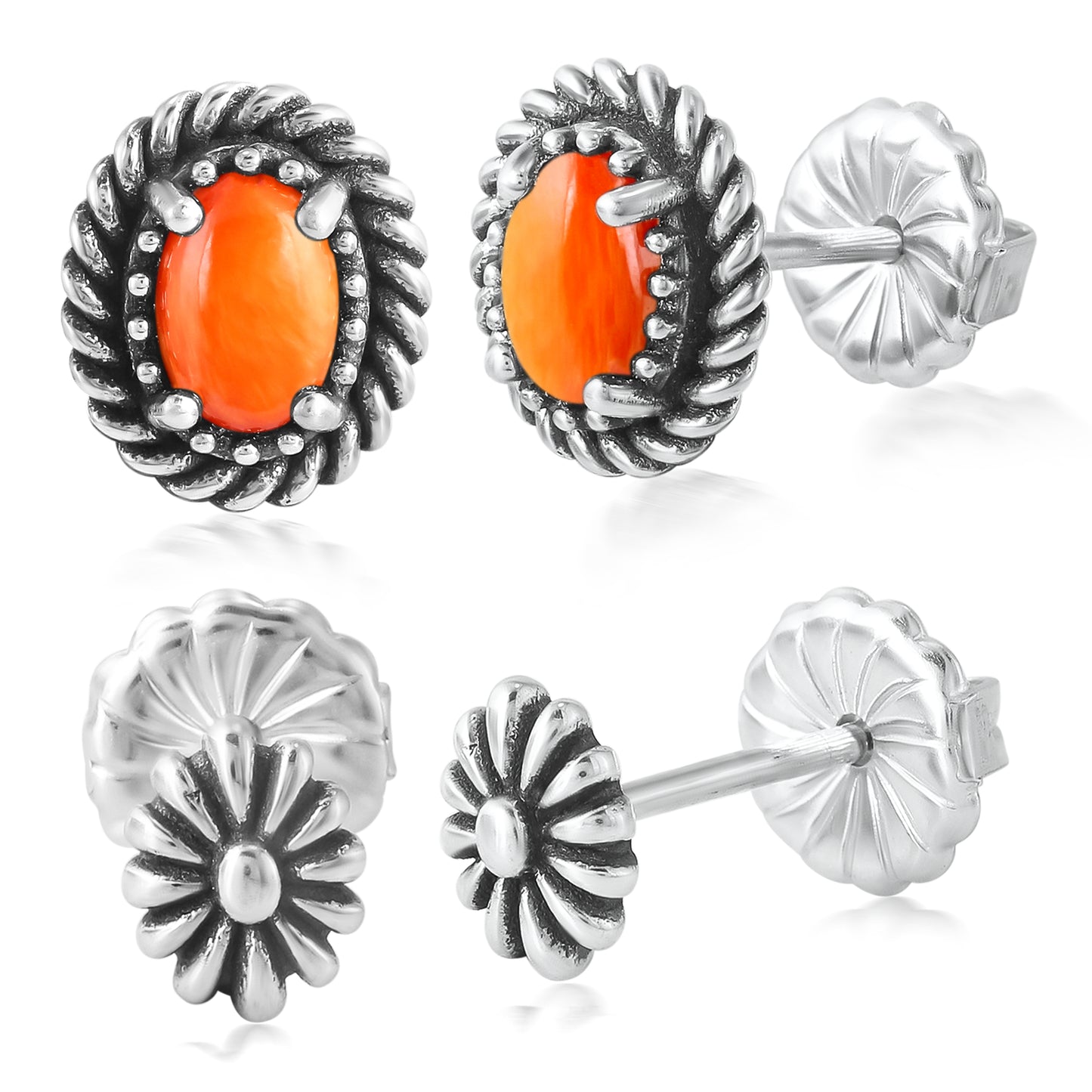 EXCLUSIVELY OURS! Sterling Silver Orange Spiny Oyster Oval Rope and Concha Flower Stud Earring Set