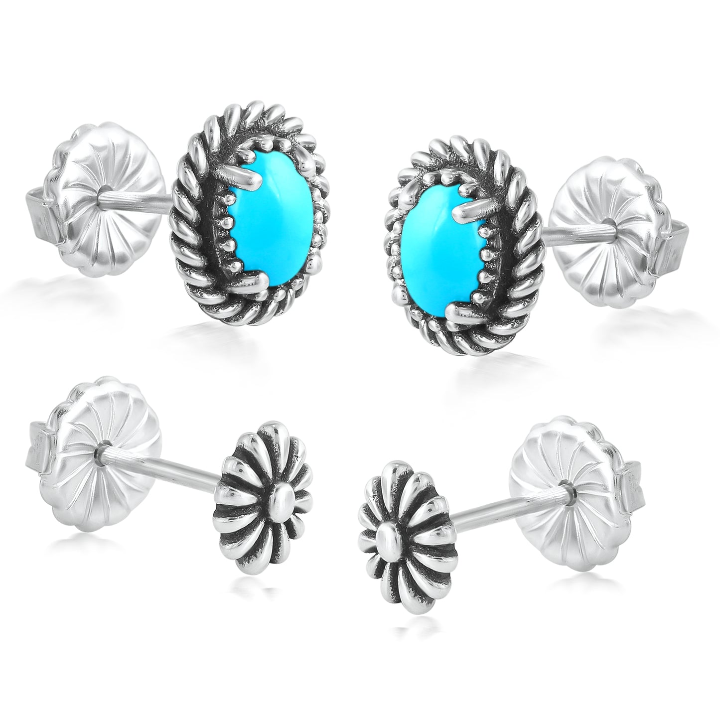 EXCLUSIVELY OURS! Sterling Silver Sleeping Beauty Turquoise Oval Rope and Concha Flower Stud Earring Set