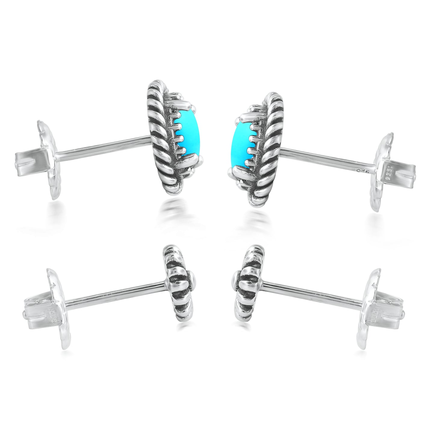 EXCLUSIVELY OURS! Sterling Silver Sleeping Beauty Turquoise Oval Rope and Concha Flower Stud Earring Set