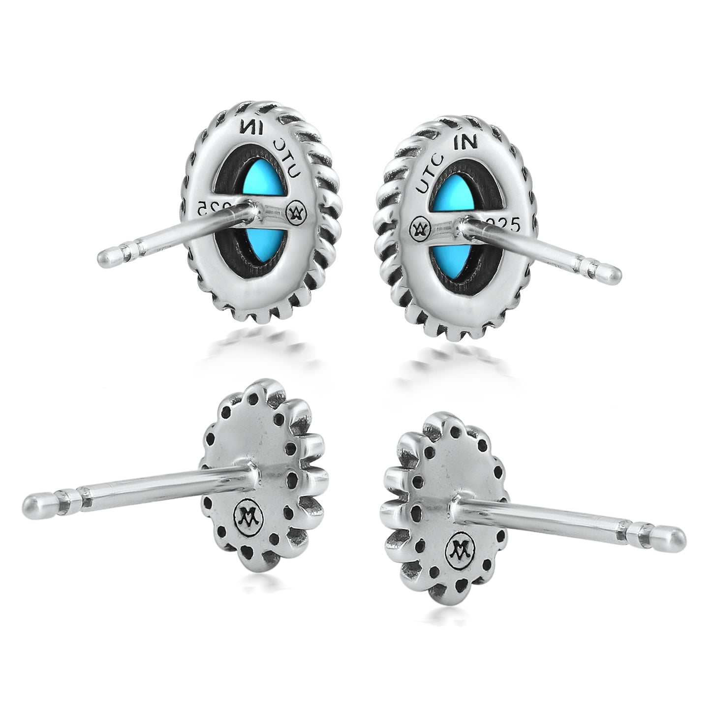 EXCLUSIVELY OURS! Sterling Silver Sleeping Beauty Turquoise Oval Rope and Concha Flower Stud Earring Set