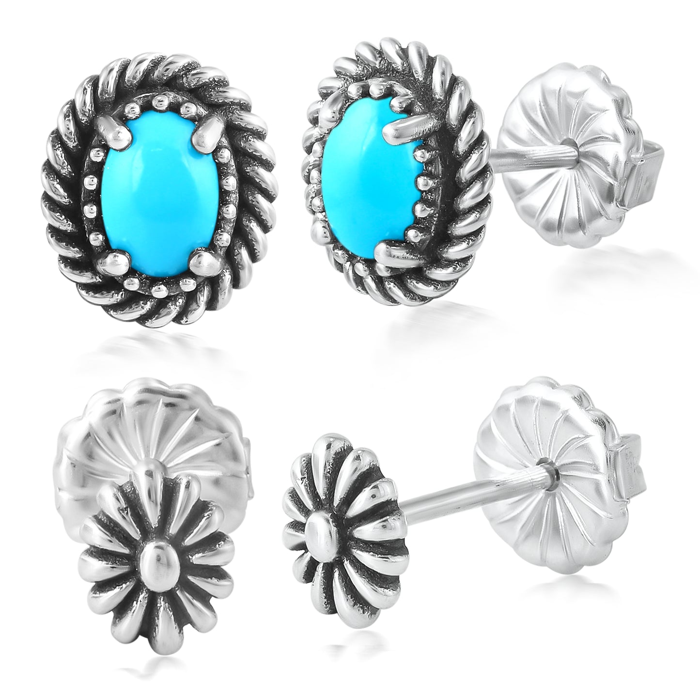 EXCLUSIVELY OURS! Sterling Silver Sleeping Beauty Turquoise Oval Rope and Concha Flower Stud Earring Set