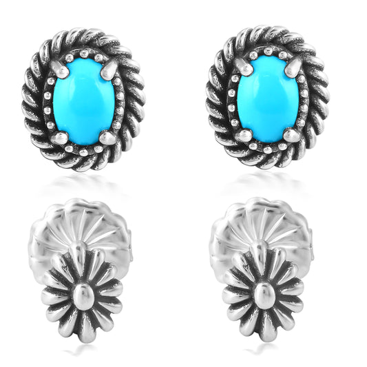 EXCLUSIVELY OURS! Sterling Silver Sleeping Beauty Turquoise Oval Rope and Concha Flower Stud Earring Set