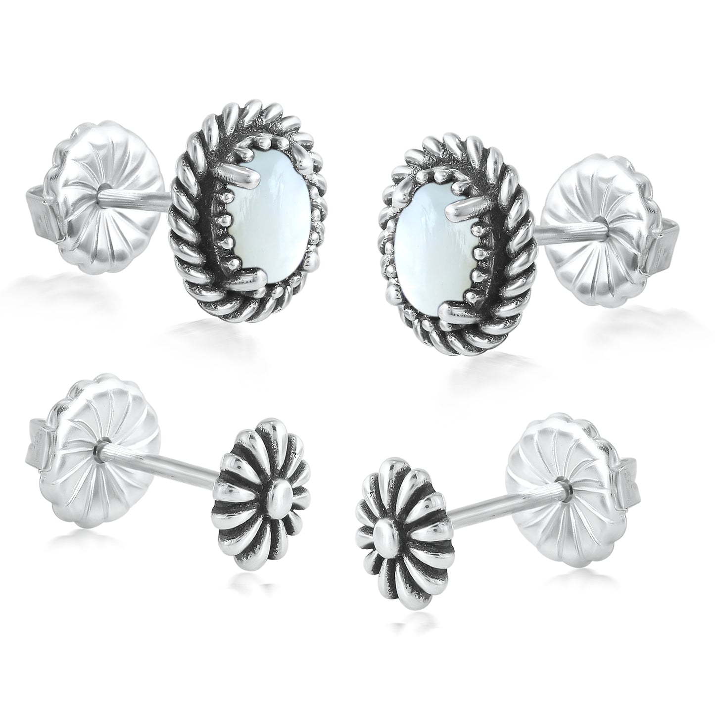 EXCLUSIVELY OURS! Sterling Silver White Mother of Pearl Oval Rope and Concha Flower Stud Earring Set