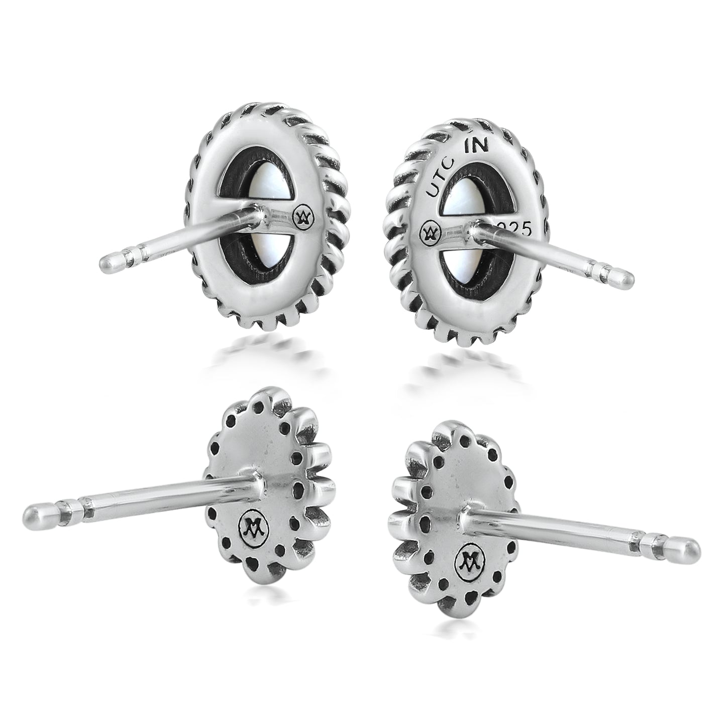 EXCLUSIVELY OURS! Sterling Silver White Mother of Pearl Oval Rope and Concha Flower Stud Earring Set