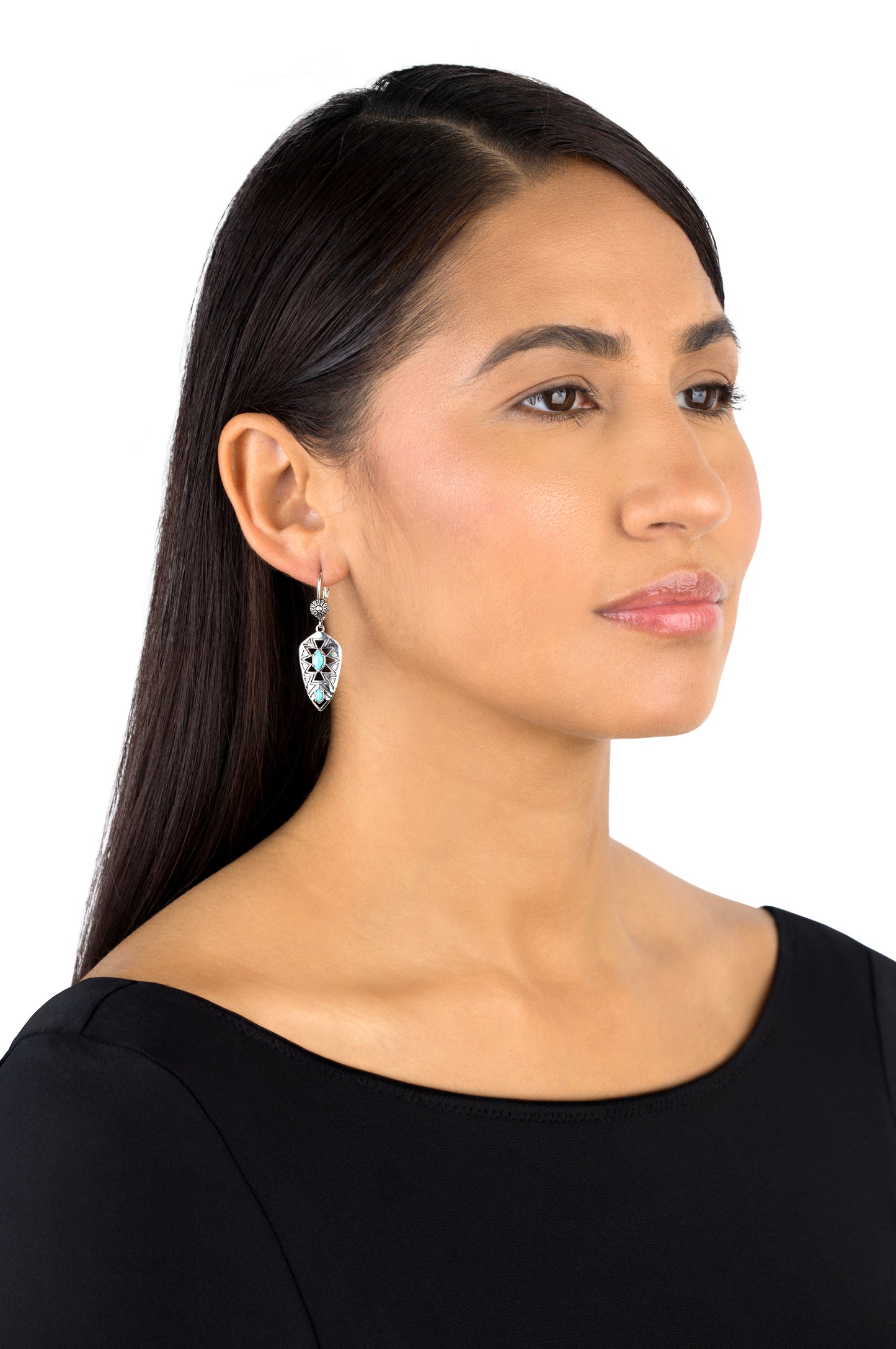 Sterling Silver Marquise Kingman Turquoise Patterned Lever Back Earrings