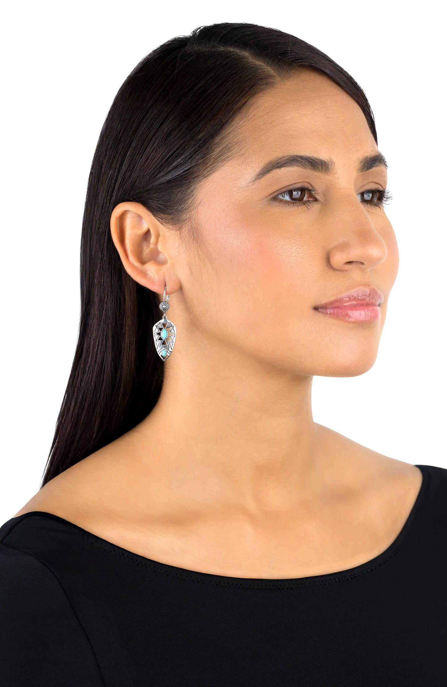 Sterling Silver Marquise Kingman Turquoise Patterned Lever Back Earrings
