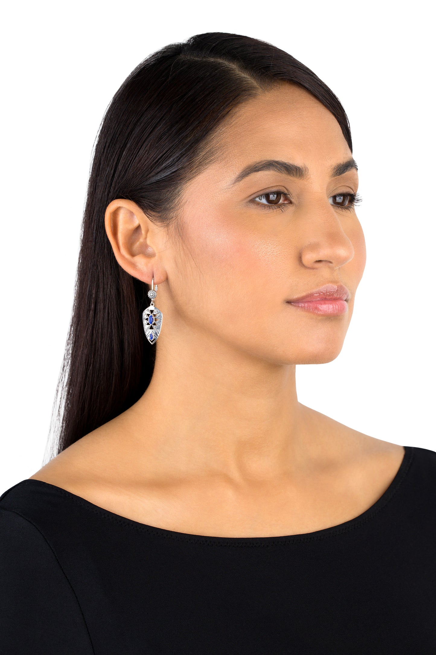 Sterling Silver Marquise Lapis Patterned Lever Back Earrings