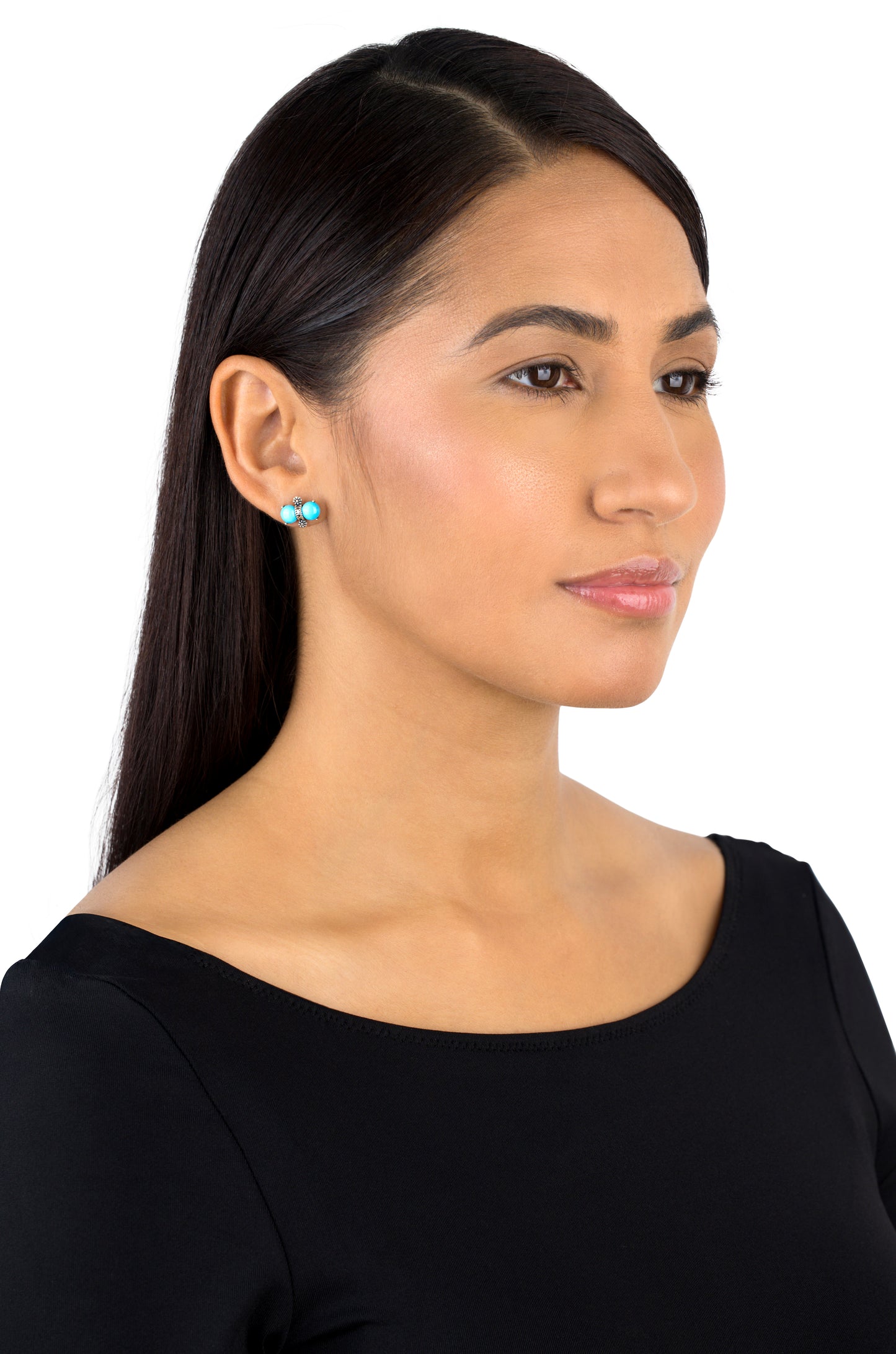 Sterling Silver Round Sleeping Beauty Turquoise Concha Stud Earrings
